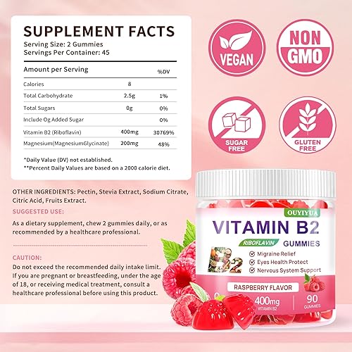 Miniatura 2 de Gomitas de vitamina B2 con riboflavina de 400 mg con magnesio para niños y adultos, gomitas B2 para aliviar la migraña, alivio del dolor de cabeza y