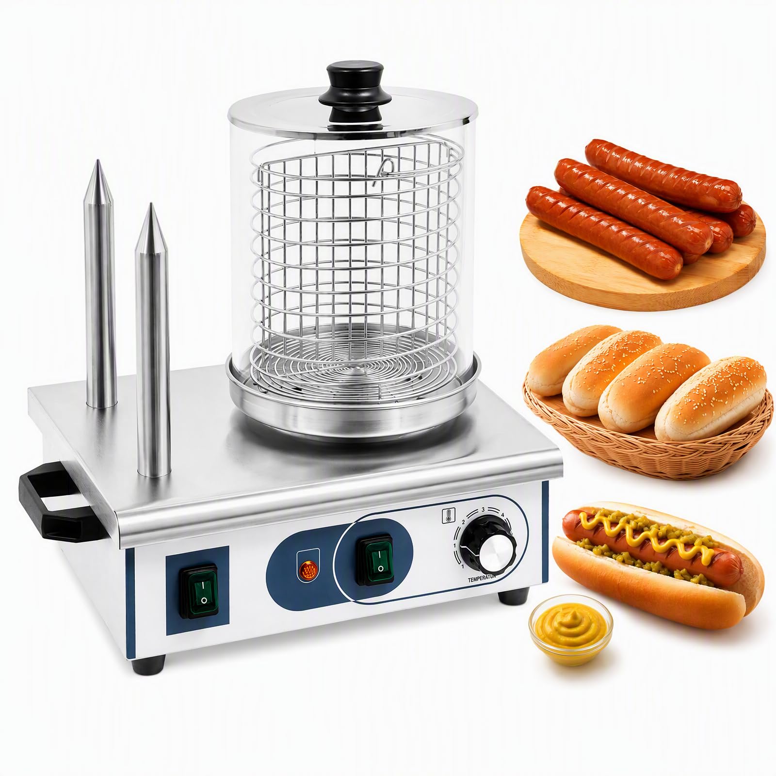 Hot Dog Wärmermaschine, 550W 220V Edelstahl Broterwärmer Würstchenwärmer Freistehend Gewerblicher Hot Dog Maschine Bockwurstwärmer mit 2 Heizspießen für Frühstücksläden Restaurants Food Trucks