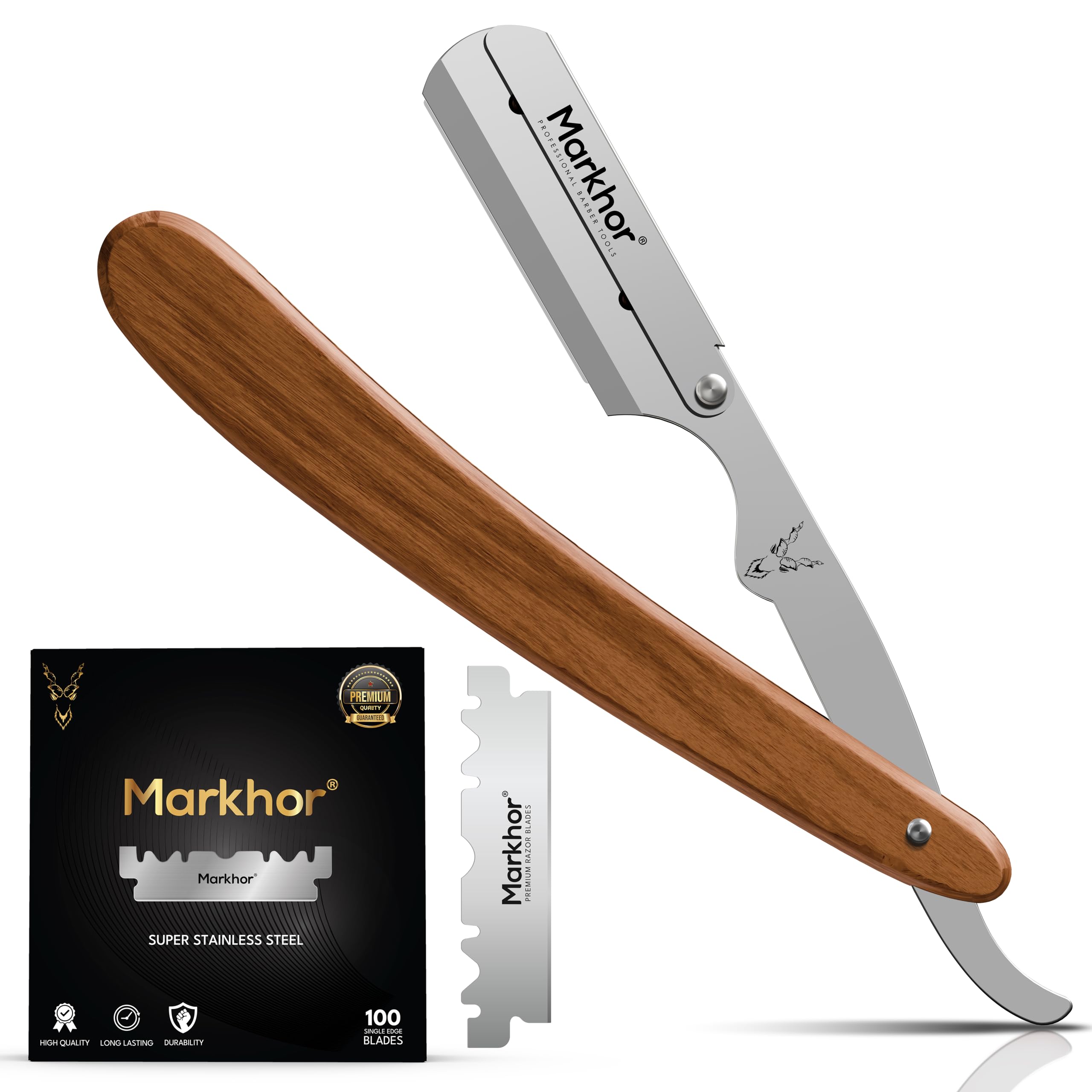 MARKHOR® Cut Throat Razor Kit, Wooded Genic Straight Edge, Professional Barber, Premium Quality Single Blade for Moustache & Beard Shaving