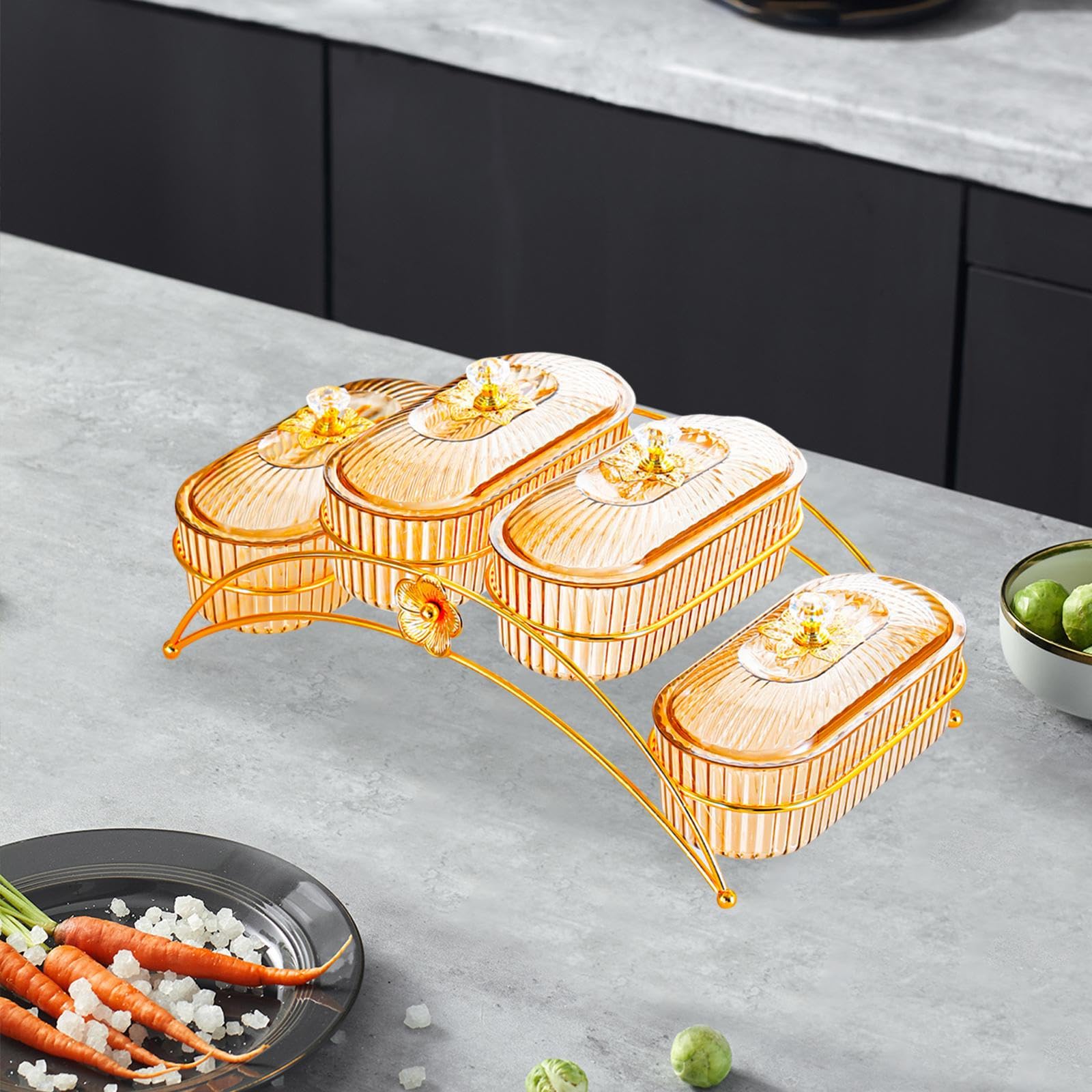 Amagogo Plateau de Noix et Fruits Secs, Plat à Collation avec Couvercle, 4 Grilles Ambre