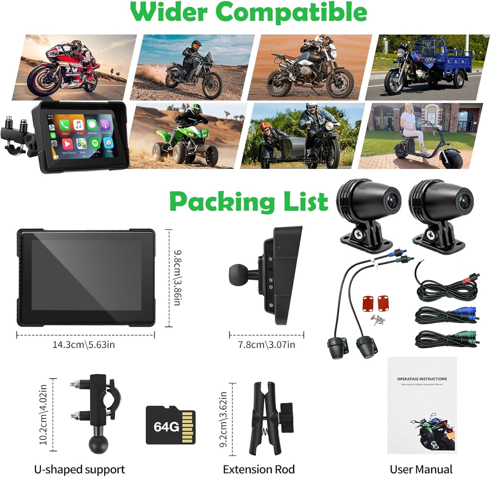 Euakee 5 Pollici Impermeabile Touch Screen Moto Car-play & Android Auto Navigatione GPS Wireless 1000 Nit