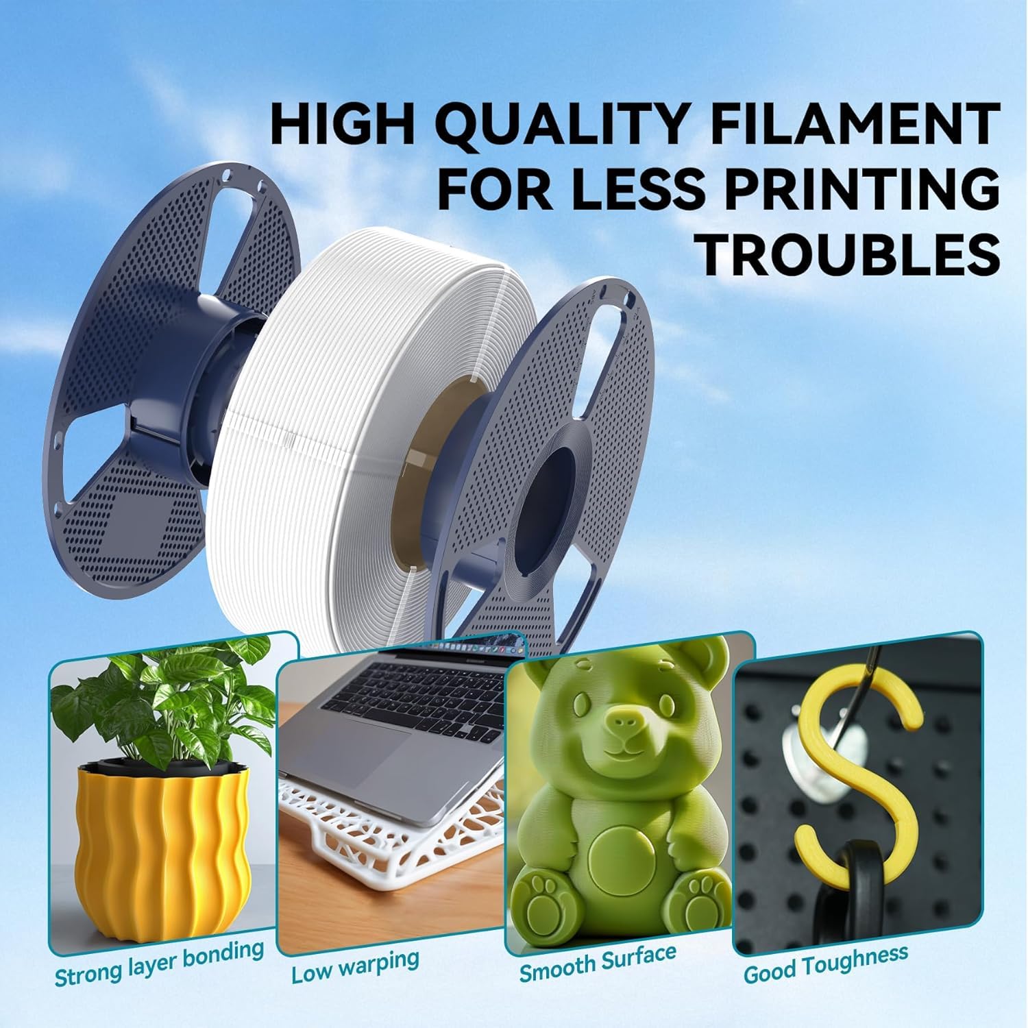 SUNLU Filament PLA 4 kg, 1,75 mm, do drukarki 3D, dokładność pomiaru +/- 0,02 mm, czysto nawinięta szpula 1 kg, do większości drukarek 3D, biały + zielony + niebieski + czerwony, 4000 g