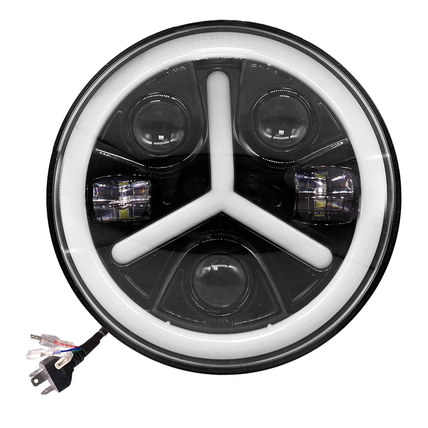 K.L. GOLD CABLES 7 Inch Round White LED Headlight with Hi/Low Beam Amber & White Angel Eye Lamp Compatible with Bullet, Harley Davidson Jeep Wrangler (75W, 1 Pc)