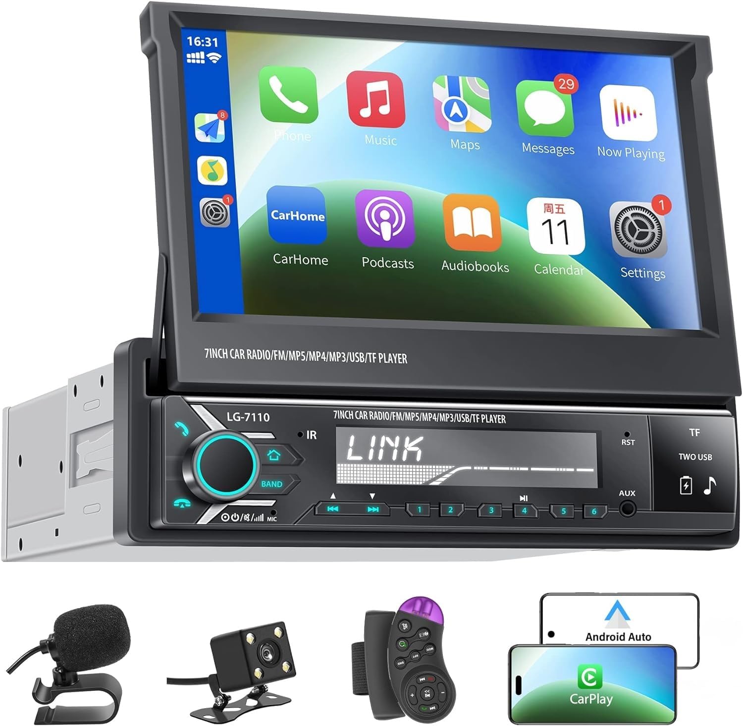 Single Din Car Stereo Screen with Wireless Carplay & Android Auto, 7' Flip Out Screen Car Stereo with Backup Camera, Car Radio Supports Bluetooth/Mirror Link/Micro/FM/AUX/TF Card/Steering Wheel Remote