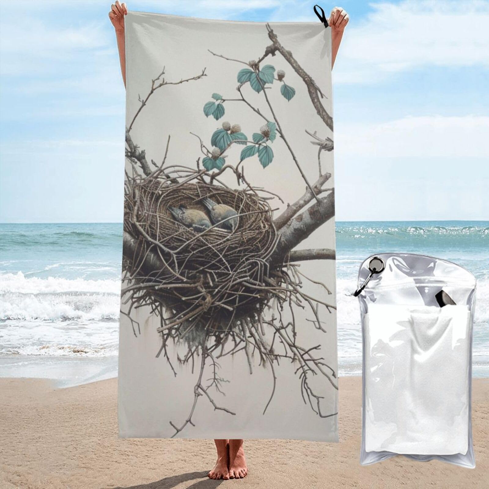 kkvhhyuo Microfiber Beach Towel, Birds Nest 1 Printed Lightweight Quick Dry Travel Bath Sheet with Compact Carry Bag for Swimming Yoga Camping Gym,31.5"x63"