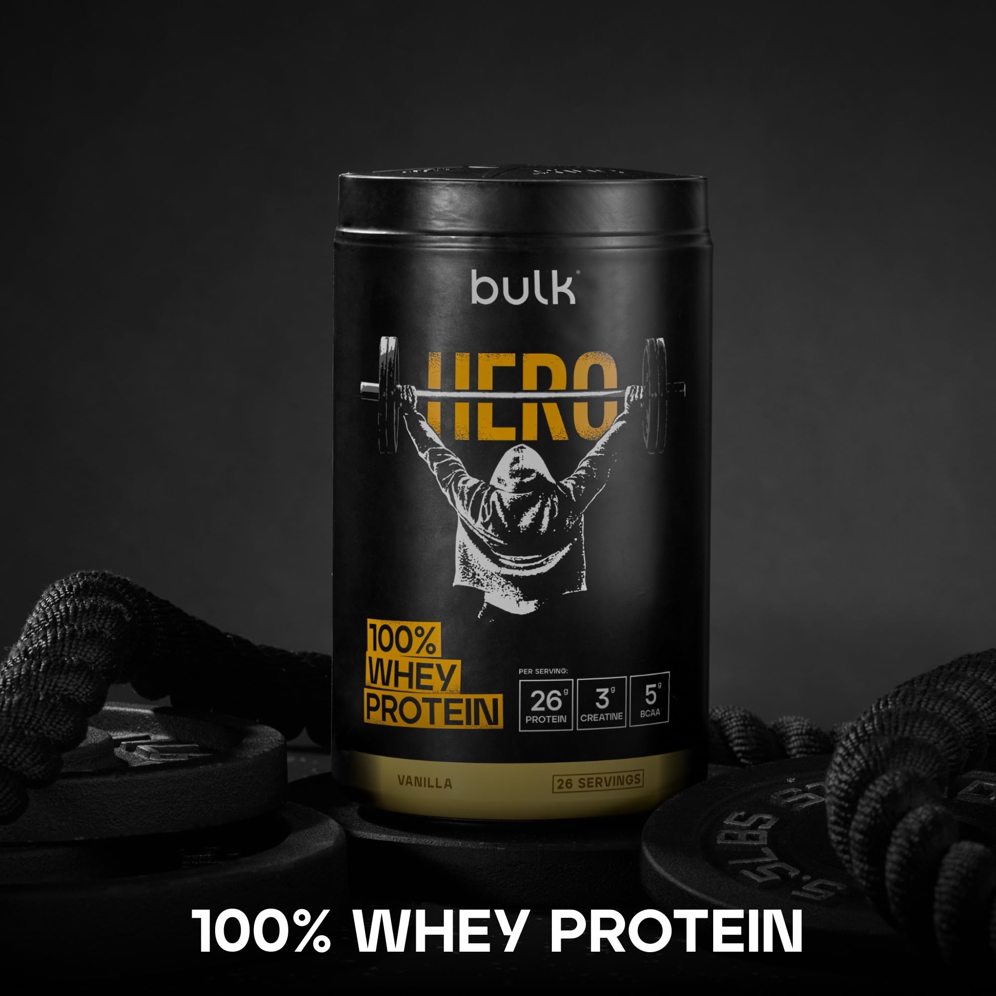 Bulk Hero Whey Protein Powder | Vanilla | 13 Servings | 26g Protein + 3g Creatine | 5g BCAAs | Low Sugar | Fast Absorption | Isolate, Hydrolysed & Concentrate Blend