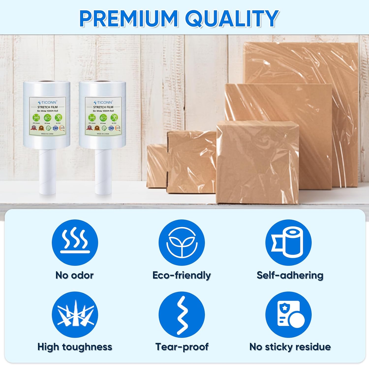 TICONN Stretch Wrap 1000ft 15 inch 2pk +5" Stretch Film 1000ft 2pk