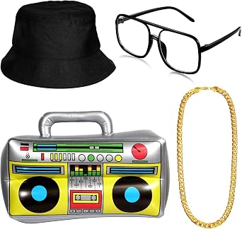 meekoo Halloween 80s/ 90s Hip Hop Costume Kit Rapper Bucket Hat Sunglasses Gold Chain Cosplay Accessories for Men Theme Party