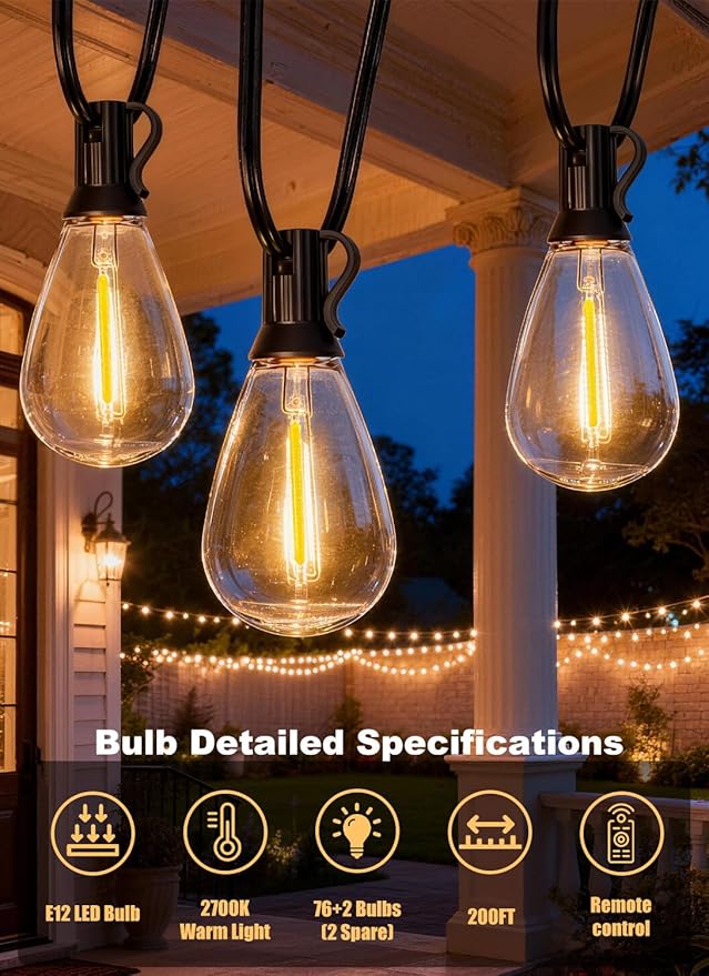 Luces de cadena para exterior de 200 pies con 76 bombillas LED miniatura 3