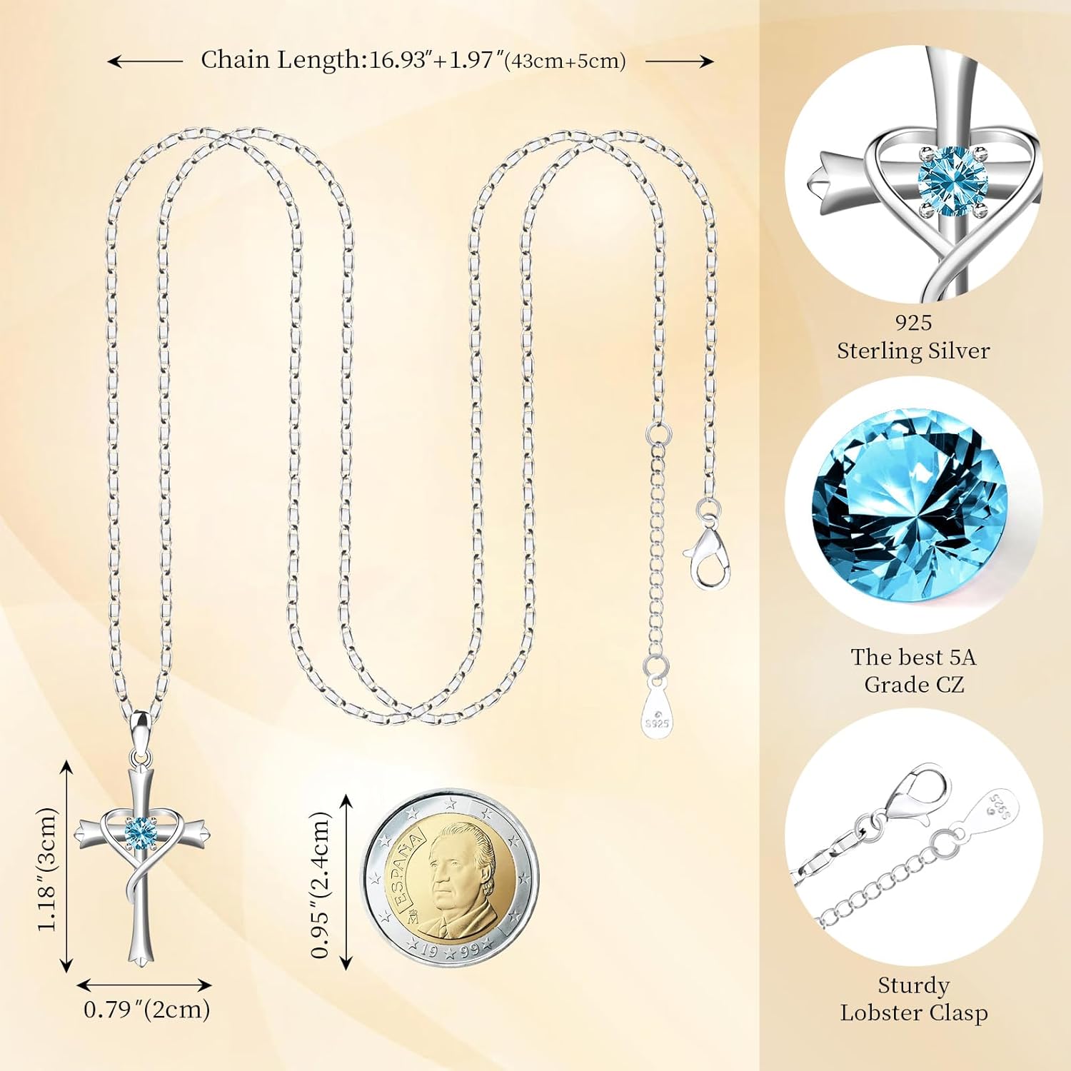 HOH-Tech Cross Necklace for Women 925 Sterling Silver 5A CZ Birthstone Cross Pendant Necklaces Cross Jewelry Valentine's Birthday Anniversary Wedding Christmas Mothers Day Gifts for Mom Wife - Image 3