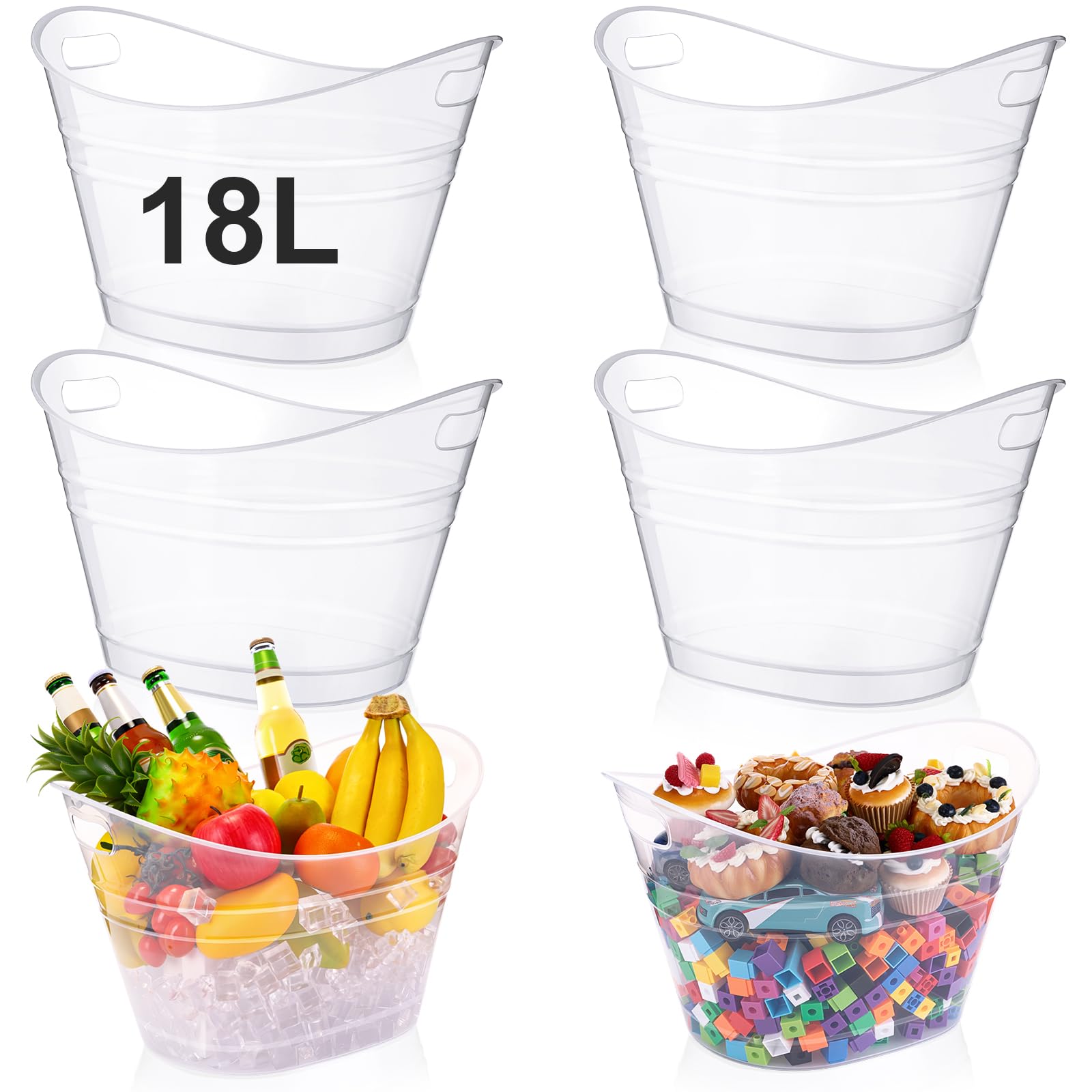 meekoo Lot de 6 seaux à glace ovales en plastique avec poignées - 4,5 l - Seau à glace de grande capacité pour fête, bar, vin, bière, champagne, boisson (18 l, transparent)