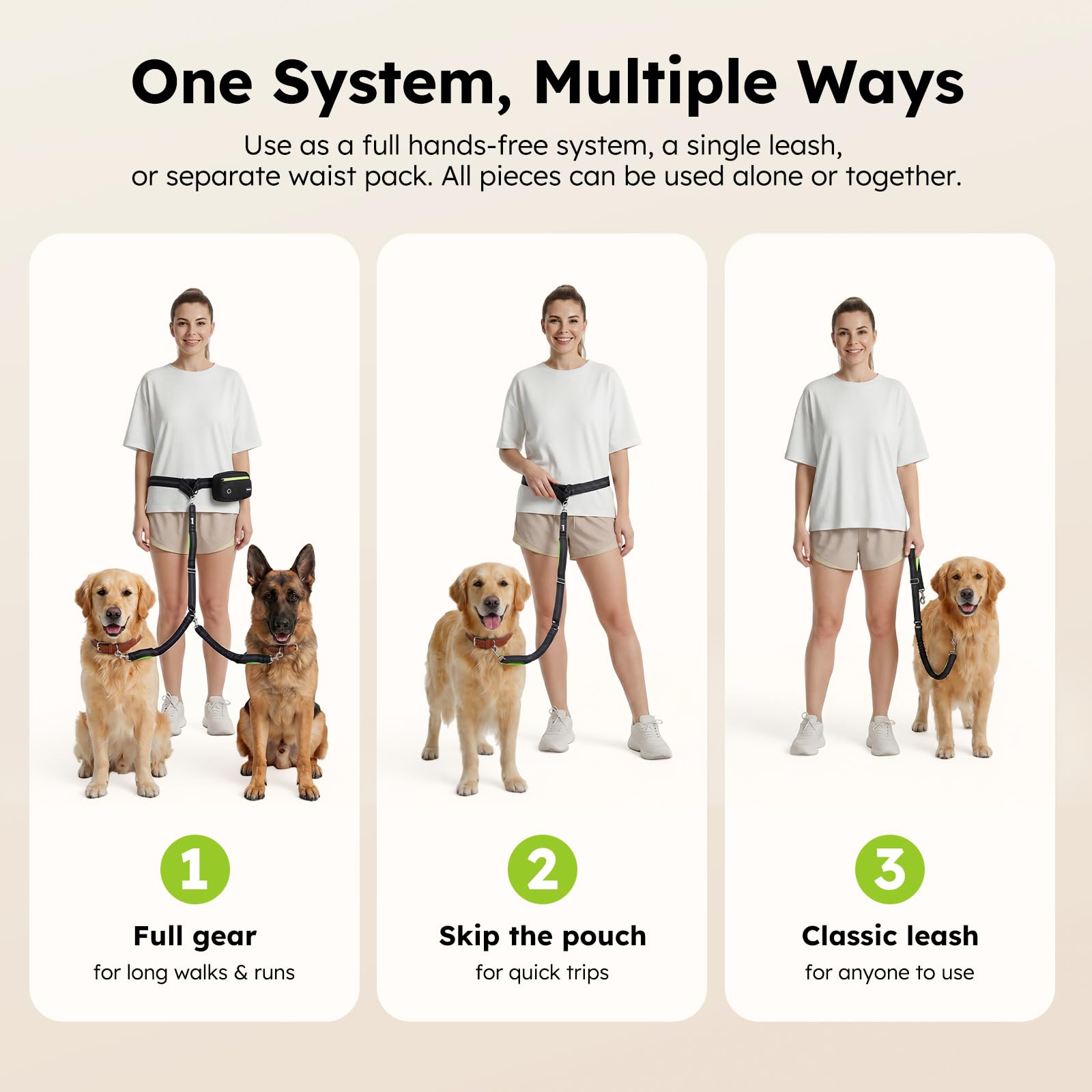 Pecute Joggingleine für 2 Große Hunde 15-50kg mit Breiter Bauchgurt | Hundeleine zum Joggen Multifunktional Freie Kombination| wasserdichte Bauchtasche, Stoßdämpfendes Bungee, Dick Doppelgriffe