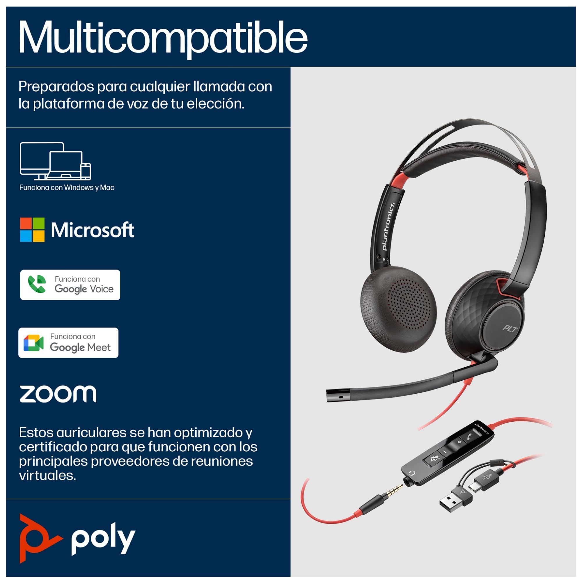 POLY Cuffie stereo Blackwire 5220 con connettore USB-C + spina da 3,5 mm + adattatore USB-C/A