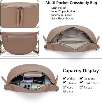Vezluax 30 x 20 cm Shoulder Bag Women's Bum Bag Women's Large Vegan Leather Crossbody Bag Stylish Women with Wide Strap Pecan