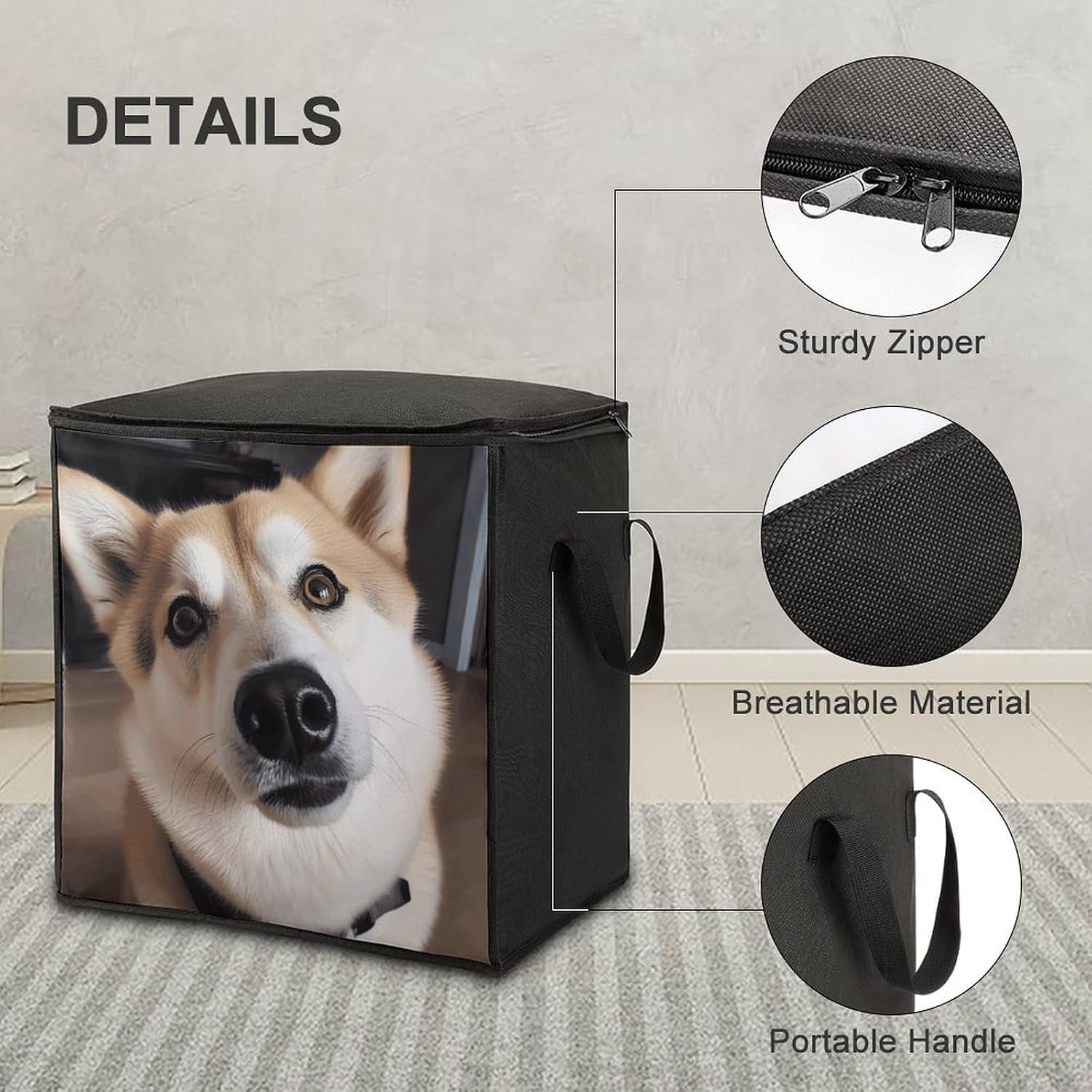 Animal Dog Photo7 Comforter Storage Bag with Lids And Handle Large Capacity Clothes Storage Bin Foldable Pillow Quilt Organizer Fashion Fabric Moving Bag for Wardrobe 70L
