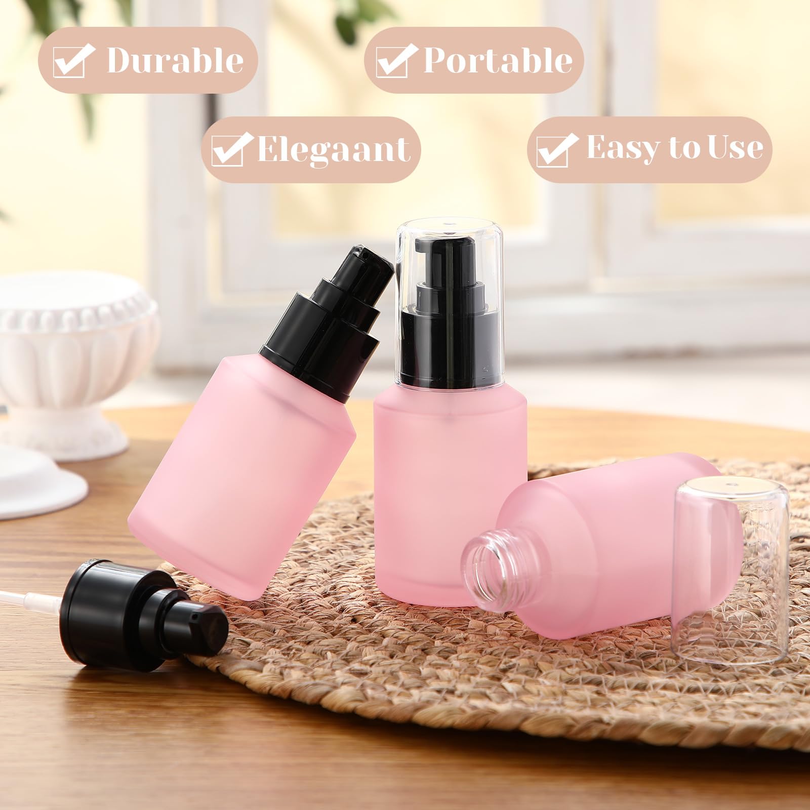 SiliFine 4 botellas de spray de vidrio esmerilado de 2 onzas, botella de vidrio rosa, botella de perfume recargable, reutilizable, botellas de perfume vacías, contenedor de cosméticos de niebla fina