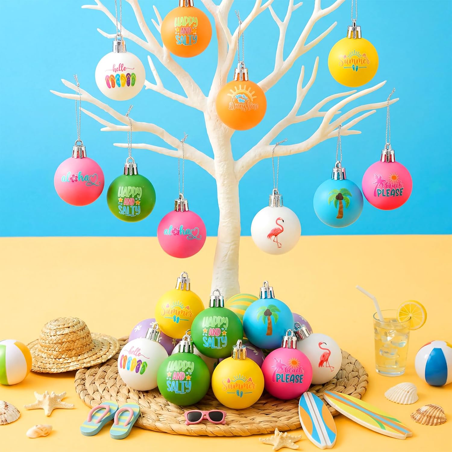 VIHOSE 40 Pcs Summer Ball Ornaments Colorful Hawaiian Ornaments for Tree 1.18" Flamingo Sun Coconut Palm Hanging Decorations Pink Blue Hanging Summer Beach Plastic Balls for Home Decors Holiday Party