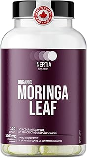 Organic Moringa Leaf Supplement 1200 mg | 120 High Potency Vegetarian Capsules | Source of Natural Antioxidants | Gut Health & Liver Detox | Protects Against Cell Damage | Canadian-Made | Inertia Supplements