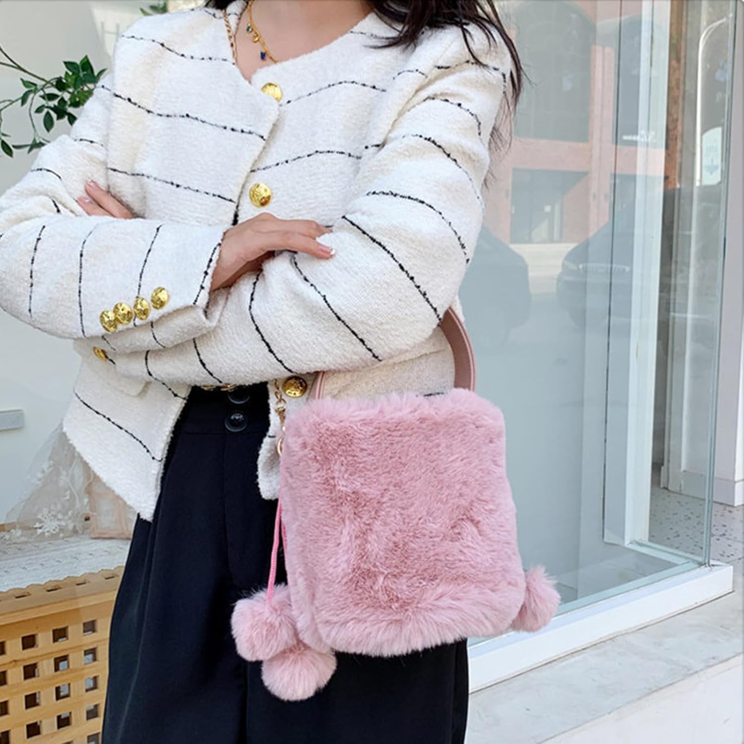2023 Bucket Bags Versatile Crossbody Bag Shoulder With Plush Ball Pendant For Women Girl Trendy Handbag Tote Bucket Bag - Image 8