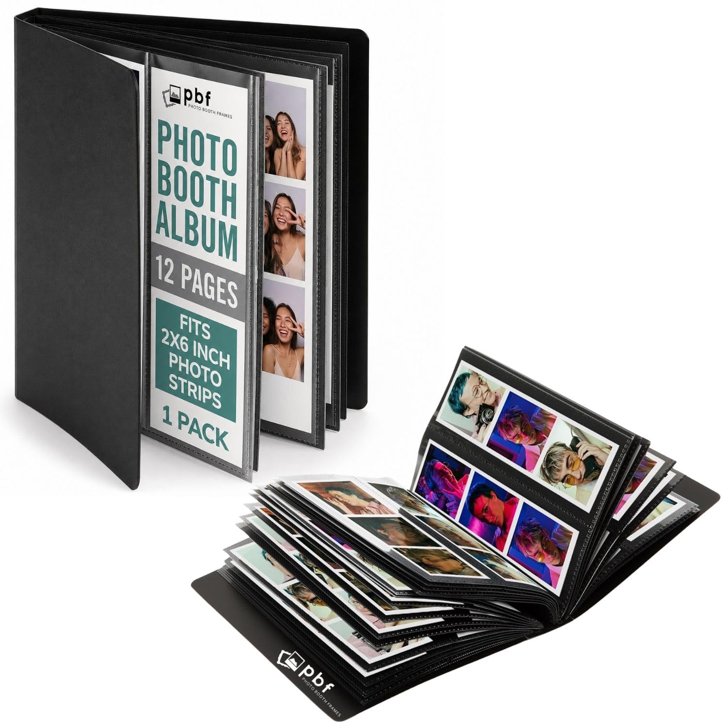 pbf Photo Booth Album | 2x6 Fotoalbum mit Bilderhüllen | 2x6 Streifen Erinnerungsbuch | Fotostreifenalbum | Hochzeitsfotoalbum für Fotoautomaten Bilder | 12 Seiten, für 48 Fotos (Schwarz, 1er-Pack)