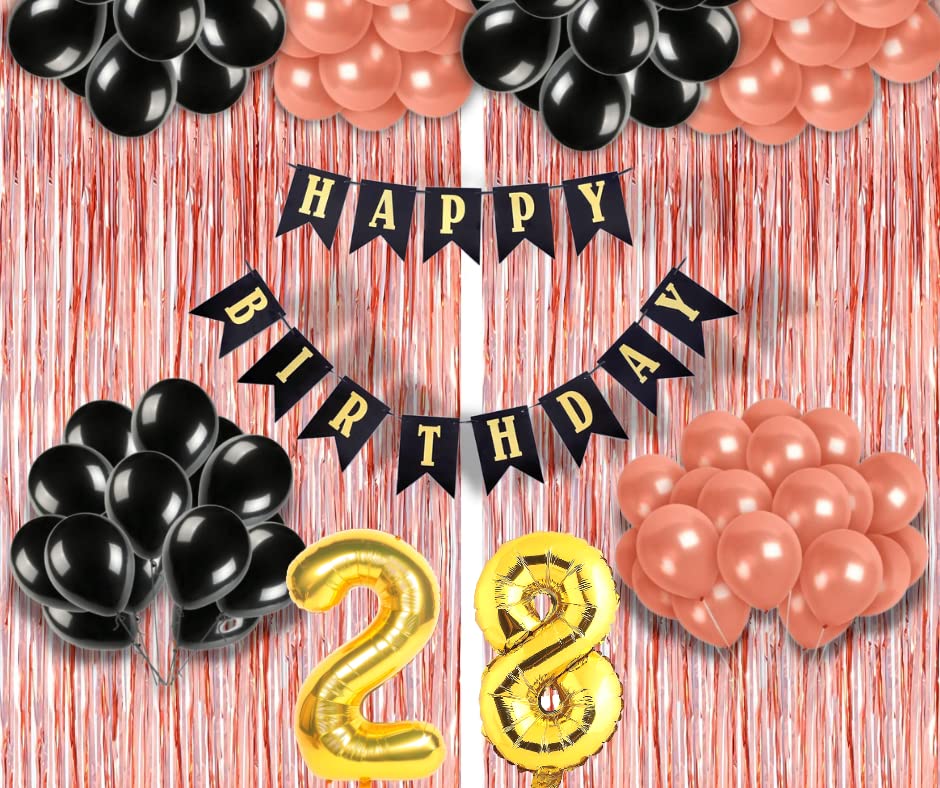 Image of 28th Birthday Decoration items for Girls with Black and Rose Gold Balloons, Black Happy Birthday Banner, Rose Gold Foil Curtain, Foil Balloon number 28