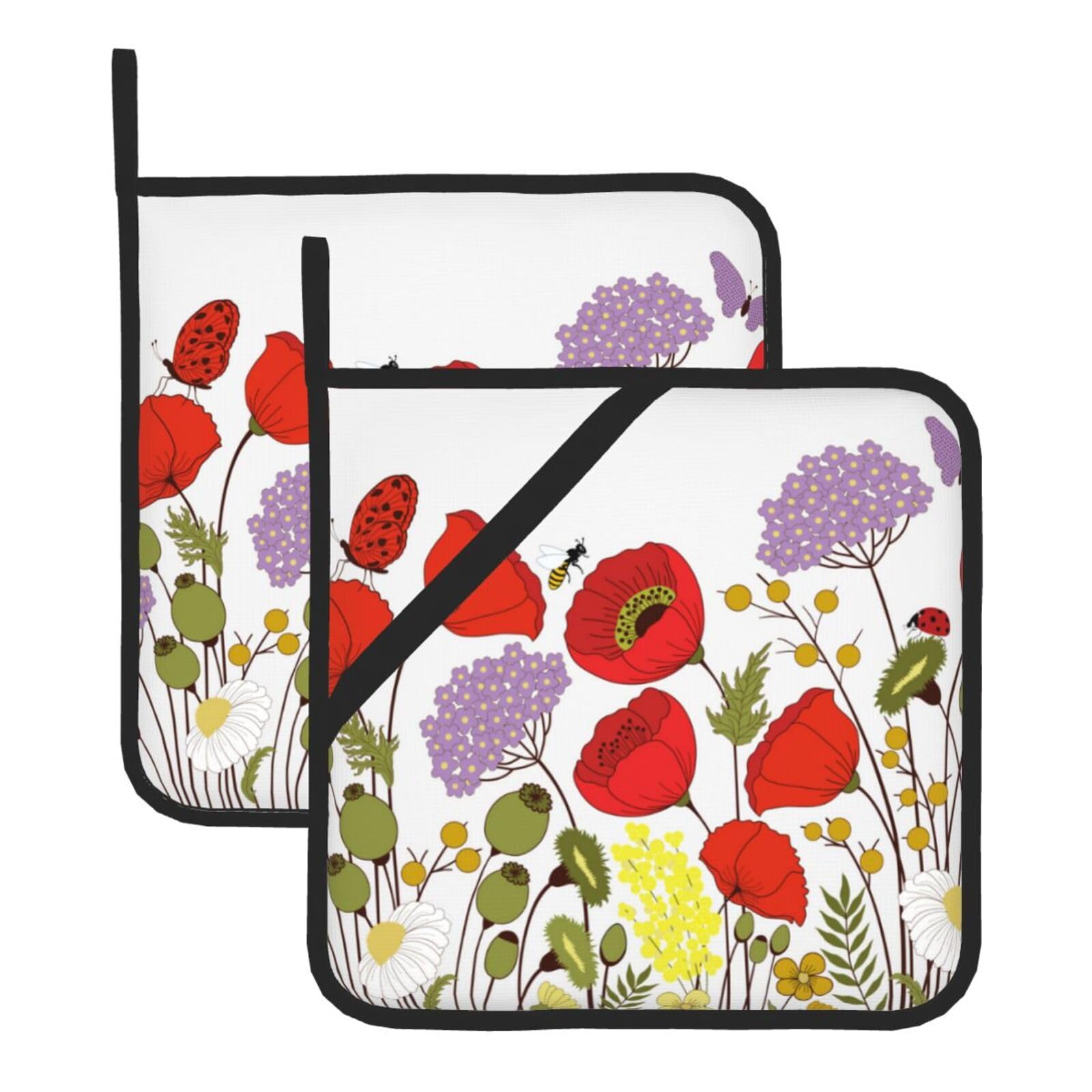 2 Pack Pot Holders for Kitchen,Poppy Flowers Honey Bees Butterfly Heat Resistant Potholders with Hanging Loop Pockets,Oven Hot Pads Cloth Microwave Pot Holder for Cooking,Camping,Baking