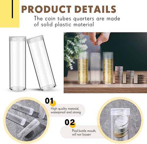Miniatura 3 de Roowest 30 piezas de tubo de almacenamiento de monedas, tubo de monedas de centavo de plástico, redondo, transparente, organizador de contenedores