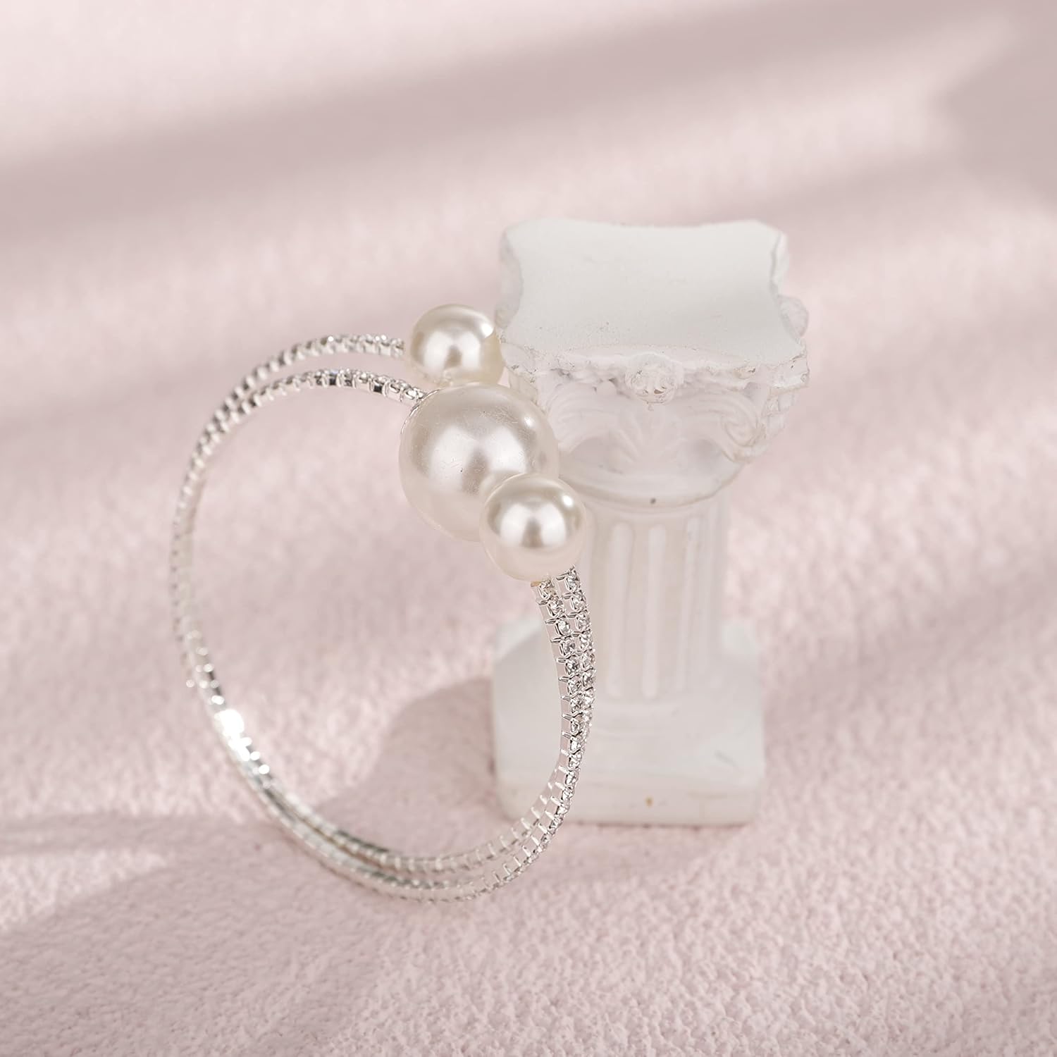 YERTTER Dainty Rhinestone 1920s Silver Fake Pearl Open Bangle Bracelet Wedding Sparkly Layered Wrap Cuff Bangle Bracelet Adjustable Pearl Bracelets for Women Brides - Image 5