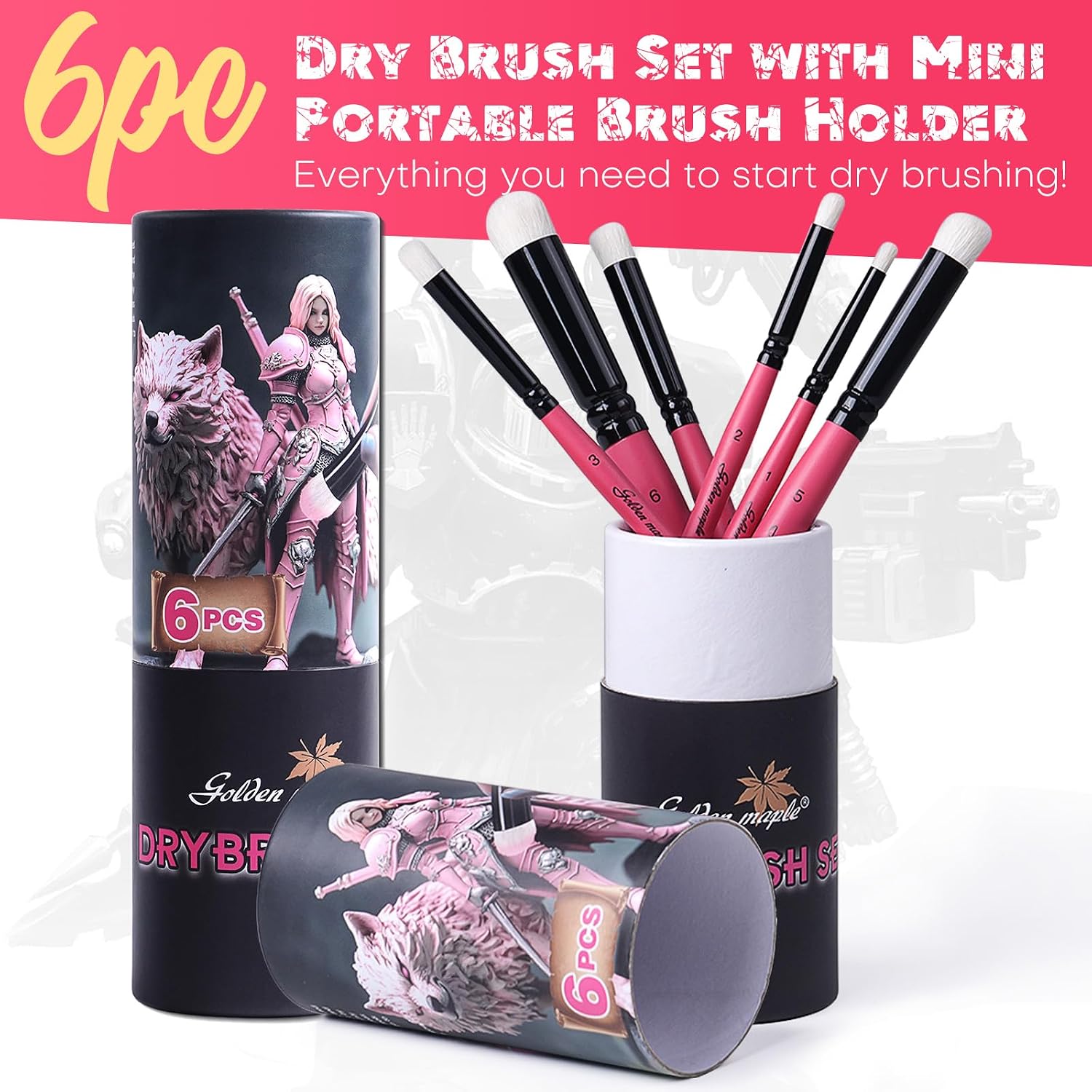 Golden Maple Dry Brush Miniature Painting Drybrush Set - 6PC Professional Modellers Miniature Paint Brushes for Miniatures, Model, Enamel & Fantasy Figurines Painting, Red