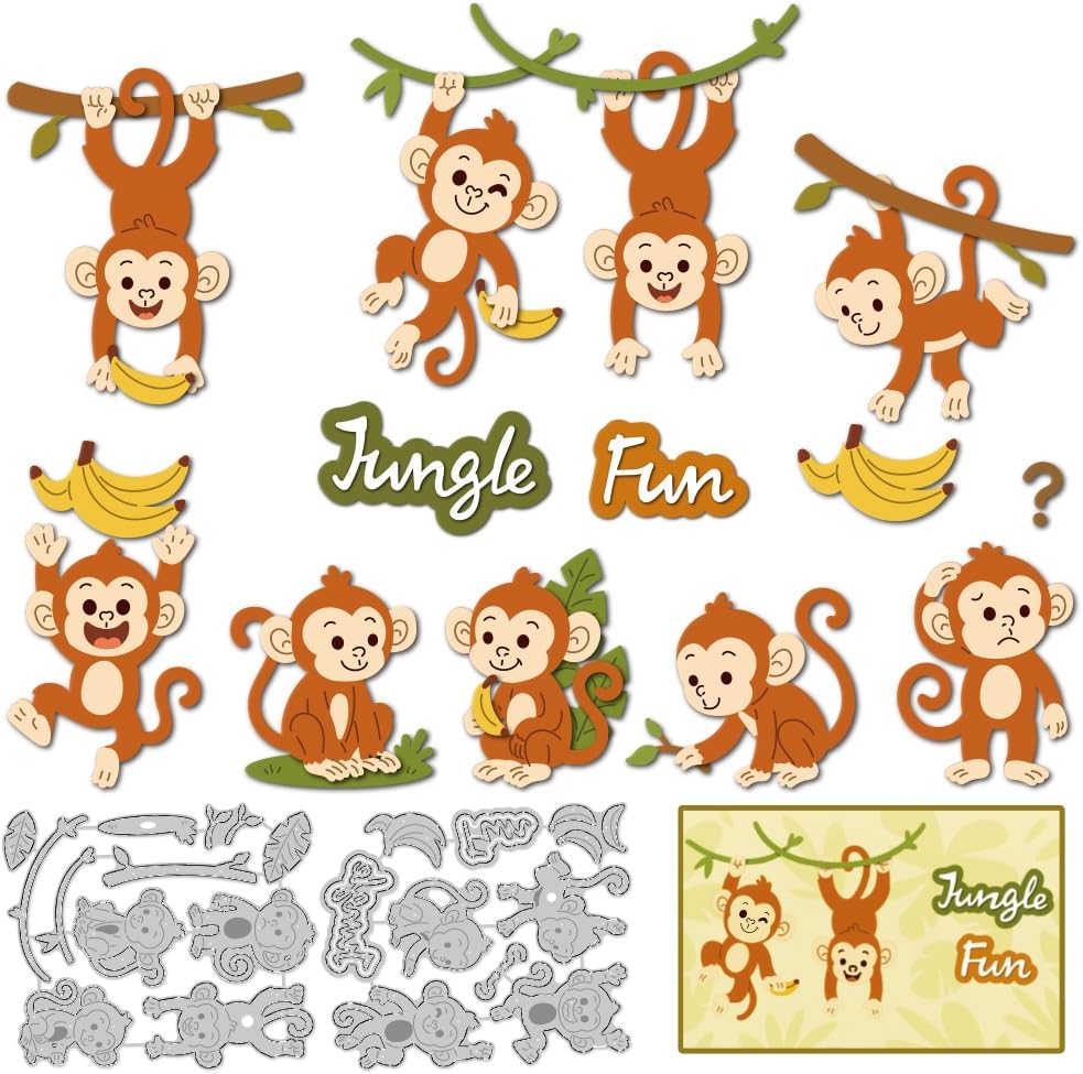 8 Styles Monkey Cutting Dies Jungle Fun Die Cut Carbon Steel Die Cuts Stencils Card Making Scrapbooking Embossing Stencils Template Dies for DIY Paper Craft Albums Card Gift Decor