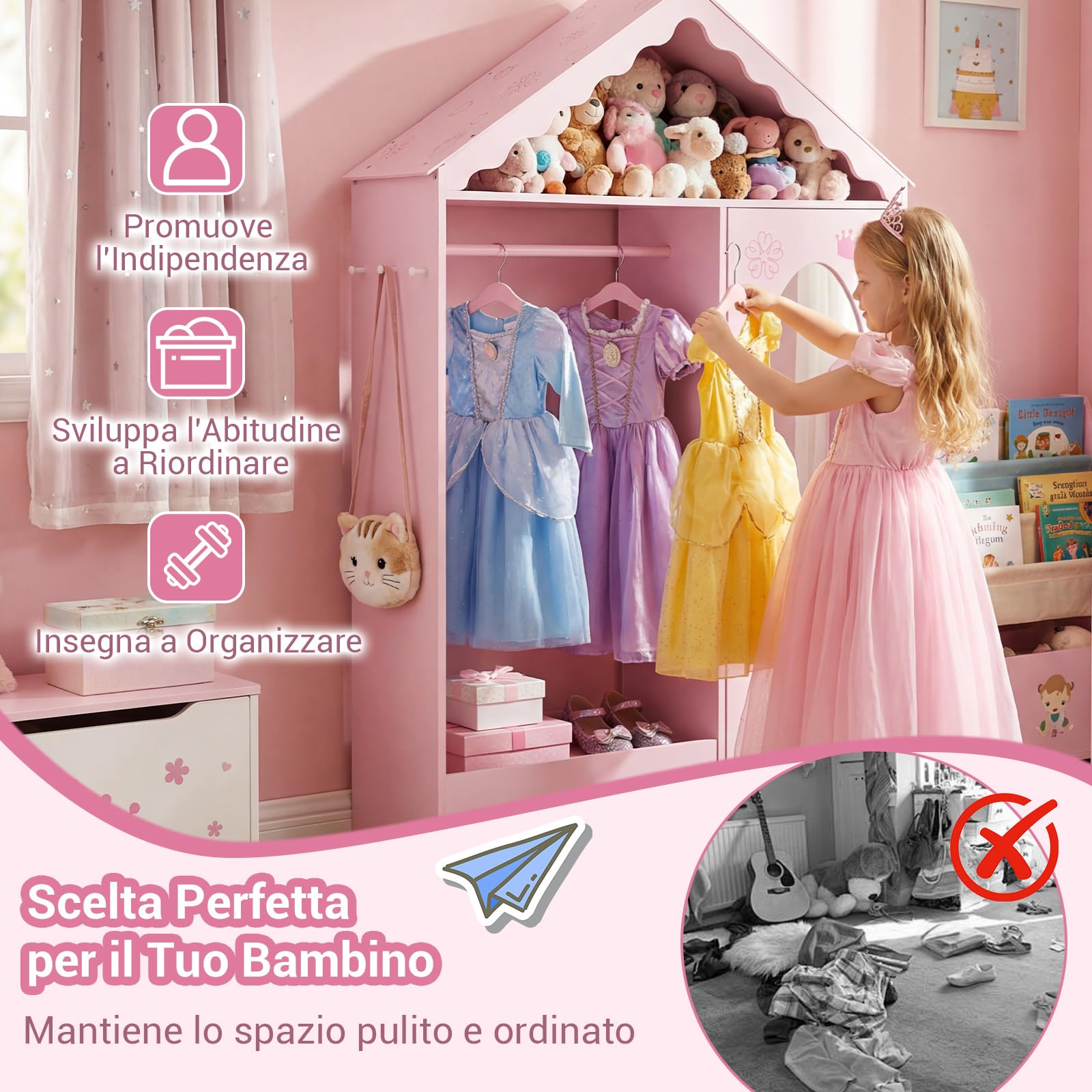 COSTWAY Armadio con Specchio per Bambini, Guardaroba Coperto con Appendiabiti Aperto, Scaffali e Ganci, Armadio e Organizzatore di Costumi per Camera da Letto e Stanza dei Giochi (Rosa)