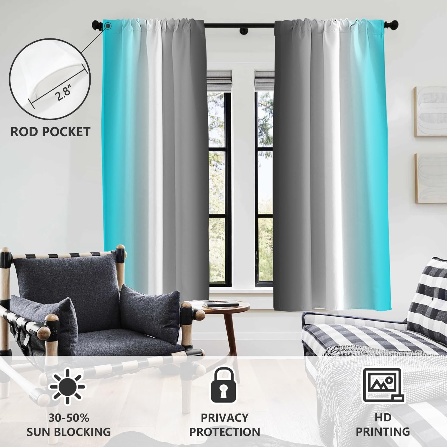 Cortinas De Ventana Turquesa Para Dormitorio, Sala De Estar, Cortinas Geométricas De Rayas Color Verde Azulado, Azul, Gris, Negro, Cortinas De Ventana Para Niños Y Niñas, Decoración Moderna De Mediados De