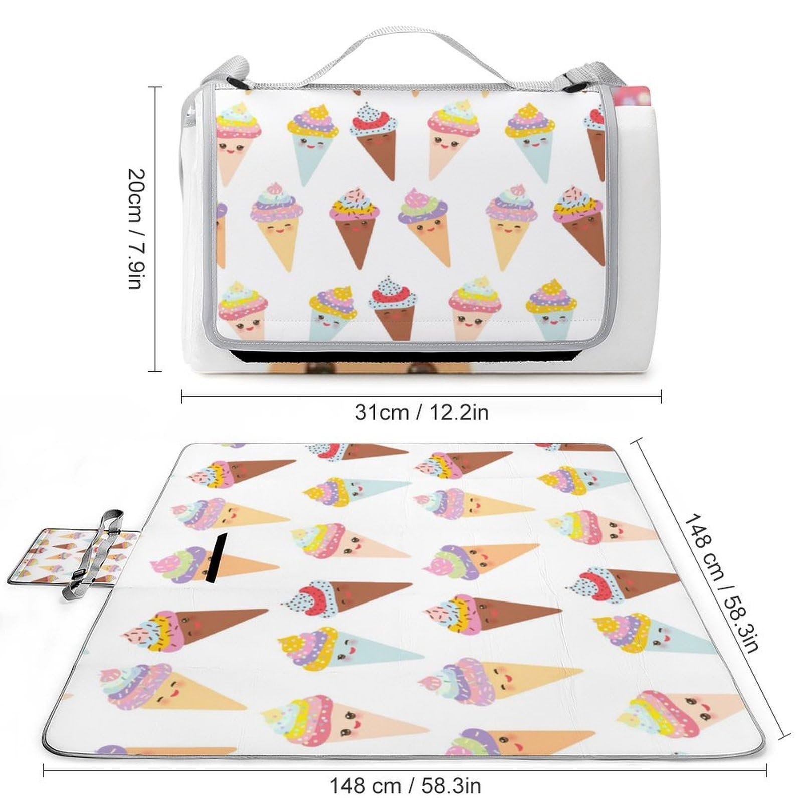 Tappetino da picnic, colorato gelato quadrato, coperta da picnic, tappeti esterni, 148 cm x 148 cm
