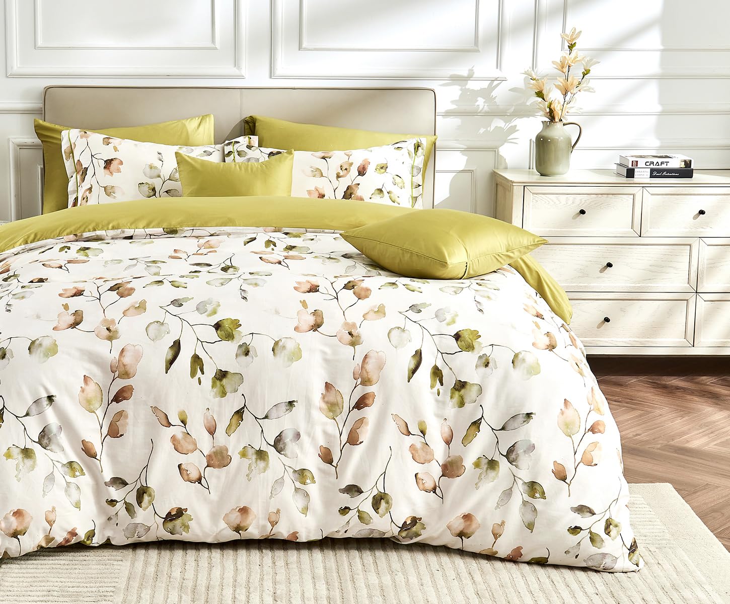 SLEEPBELLA King Size Duvet Cover Set with Button Closure -Light Green and Yellow Botanical Luxury Bedding for a Comfortable Sleeping