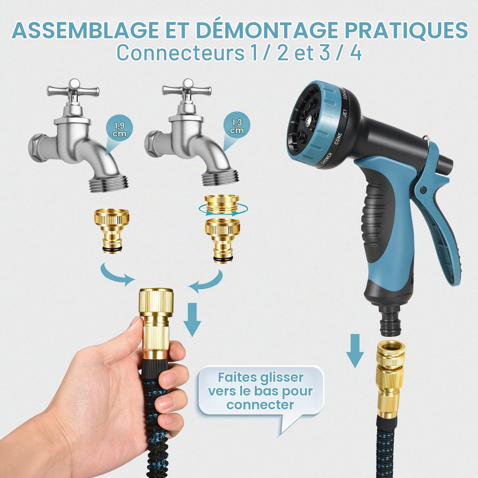 Towwoo Tuyau d'arrosage Extensible Flexible de 45m/150FT, 2500D avec Pistolet Pulvérisateur 10 Fonctions et TPE Joint en Cuivre et Aluminium pour Pulvériser la Pelouse Nettoyer Les Voitures