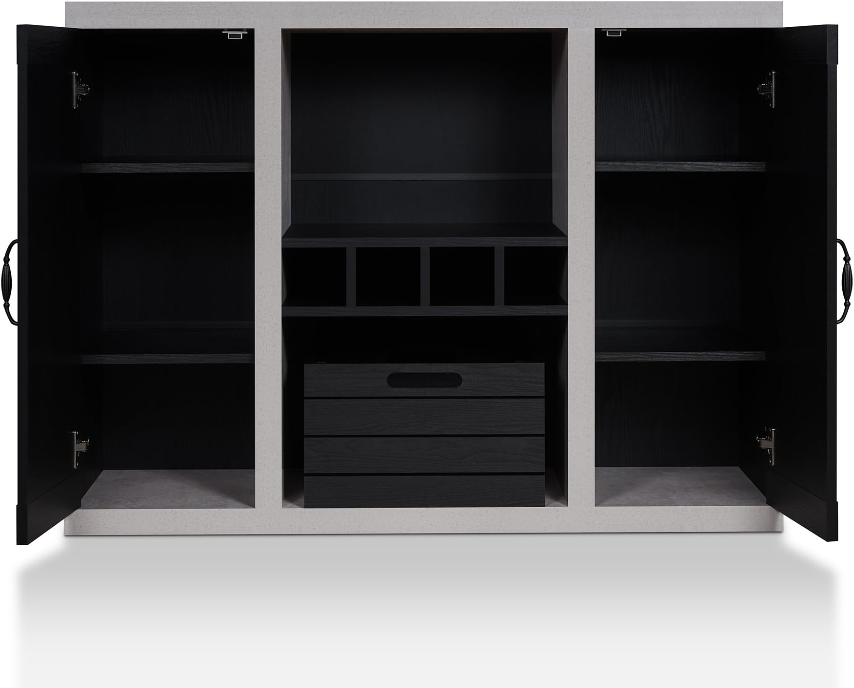 HOMES: Inside + OutCato Industrial Two-Tone Buffet with Open Shelf, Wine Bottle Holder, Slatted Drawer and Cabinets, Black and Cement