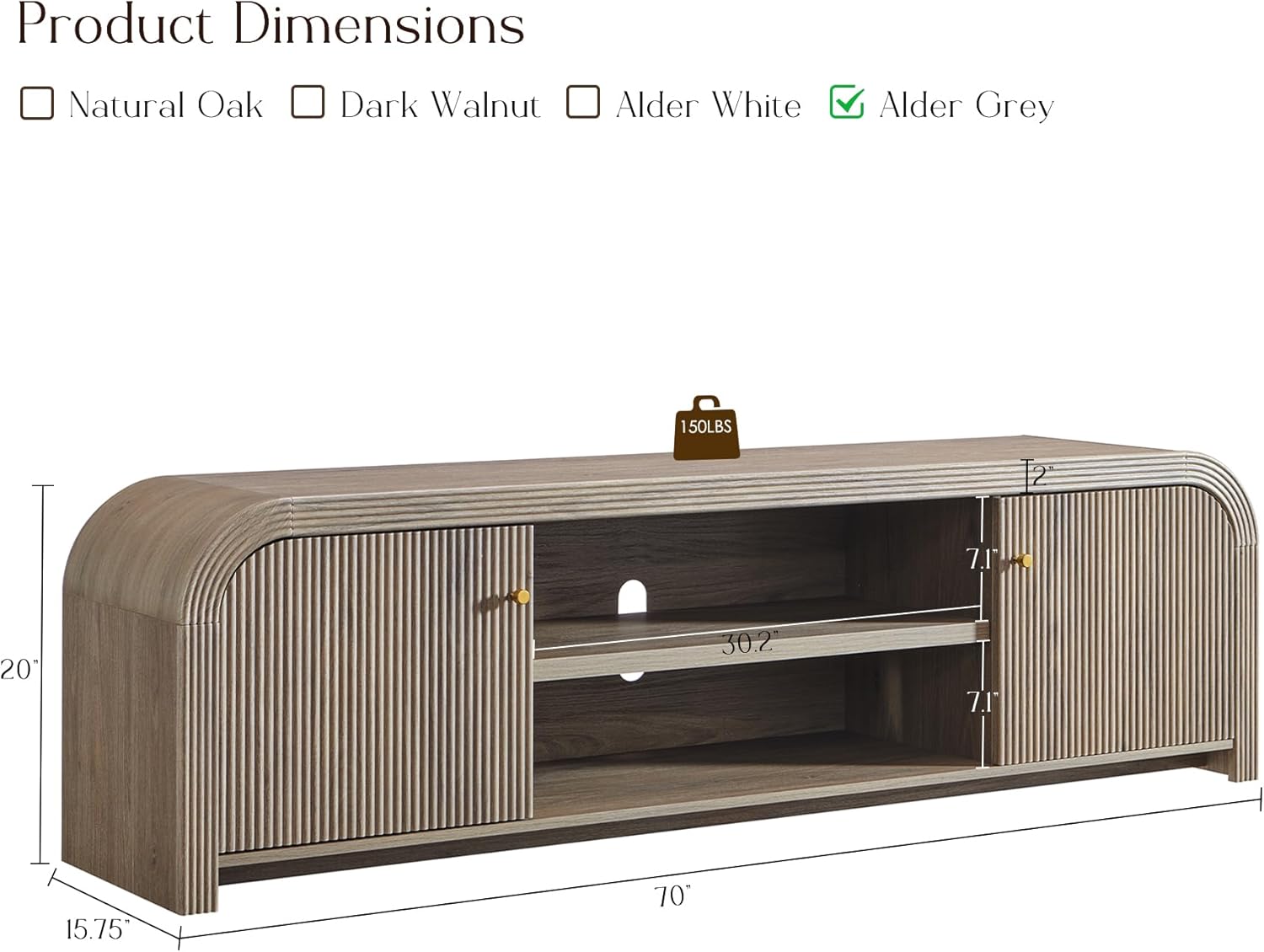 Diagram showing the dimensions of the T4TREAM 70 inch TV stand in Alder Grey.