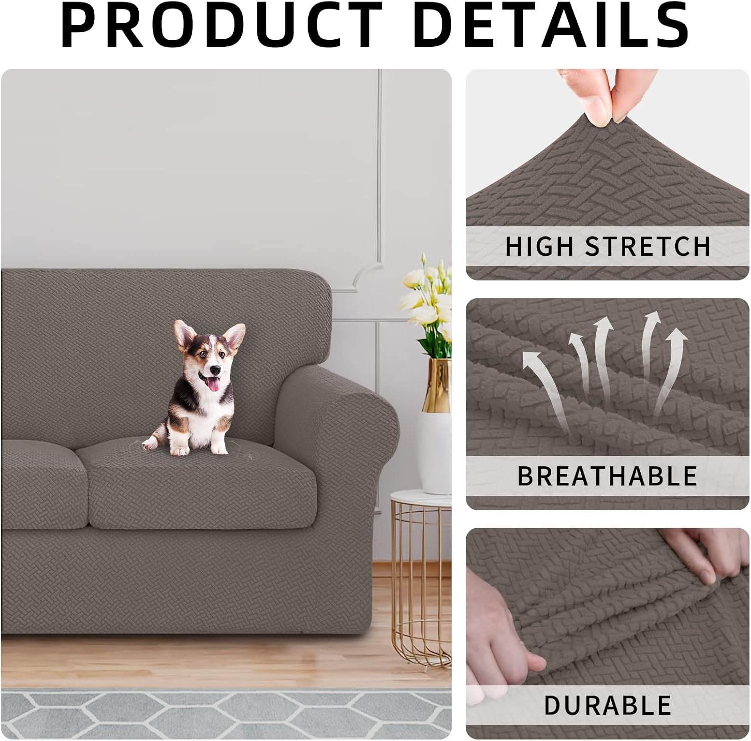 ISSUNTEX 3 Pieces High Stretch Thicken Loveseat Couch Covers, Soft Sofa Slipcover for 2 Separate Cushion Couch, Jacquard Fabric Elastic Sofa Cover Furniture Protector for Dogs (Loveseat, Taupe)
