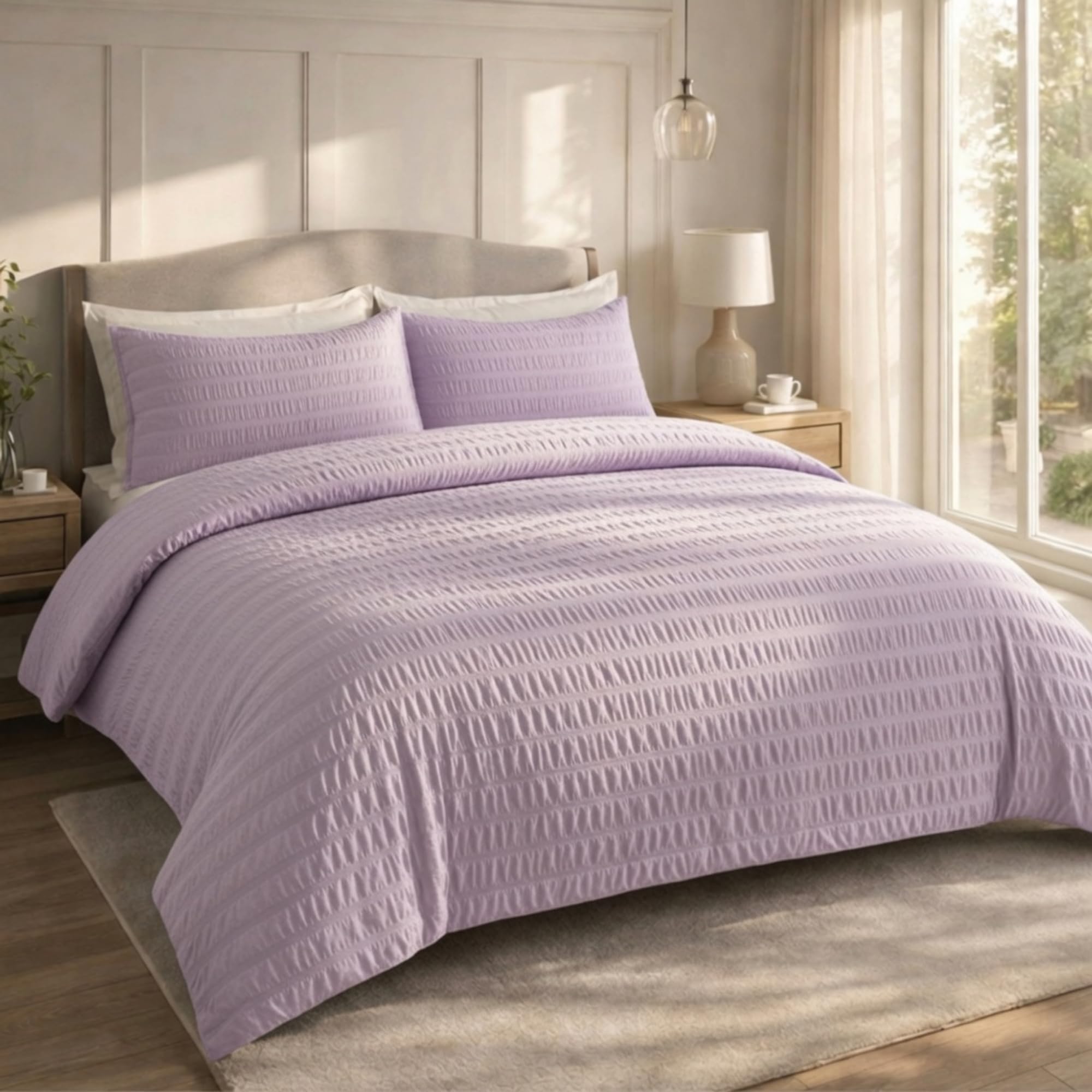 Q & H QUALITY HOUSEHOLD Q&H Bedding Lilac Seersucker Duvet Cover Set Super King with Pillowcase - Ultra Soft Brushed Microfiber Quilt Cover - Breathable, Textured, Easy Care, Machine Washable