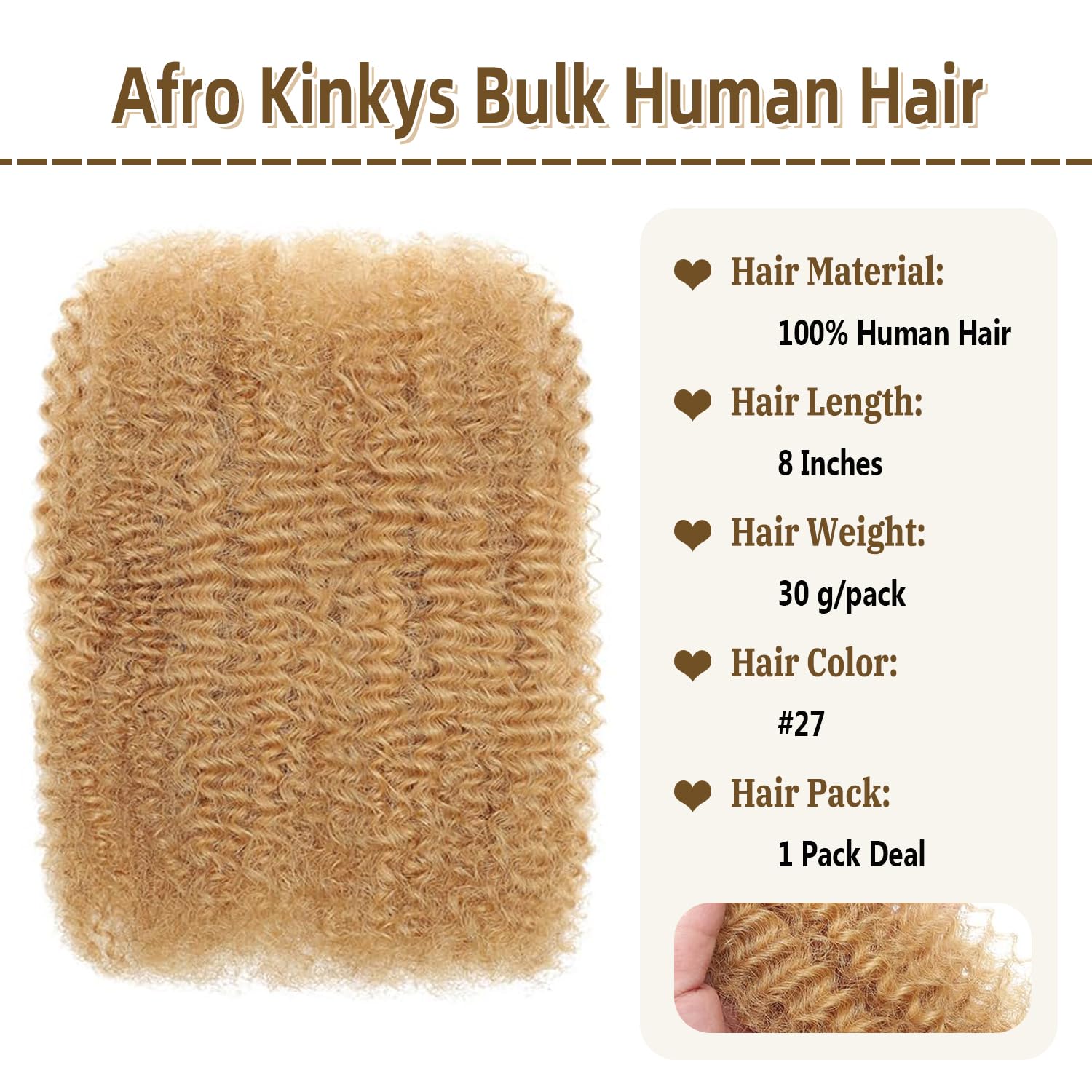 Afro Kinkys Bulk Human Hair for Dreadlock Extensions 3 Packs 150g/Pack Mini Twist Braiding Hair 4C Afro Kinky-Curly Human Hair Springy Twist for Repair Locs (27# - Image 2