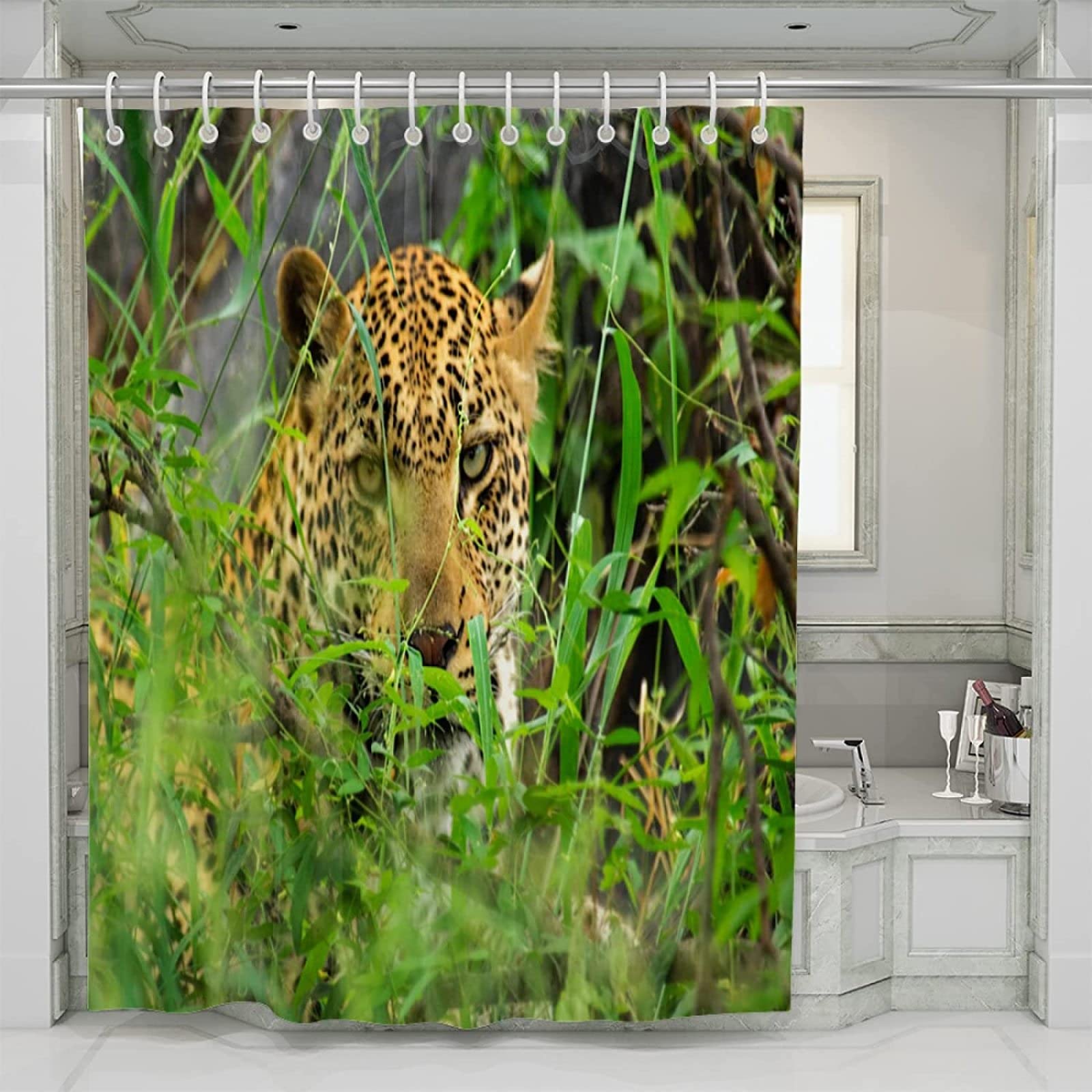 Léopard Rideau Douche, Léopard Rideau de Bain 100% Polyester Tissu Rideau de Douche Anti Moisissure Imperméable pour Salle de Bain ou Baignoire, 12 Crochets, 240x200 cm