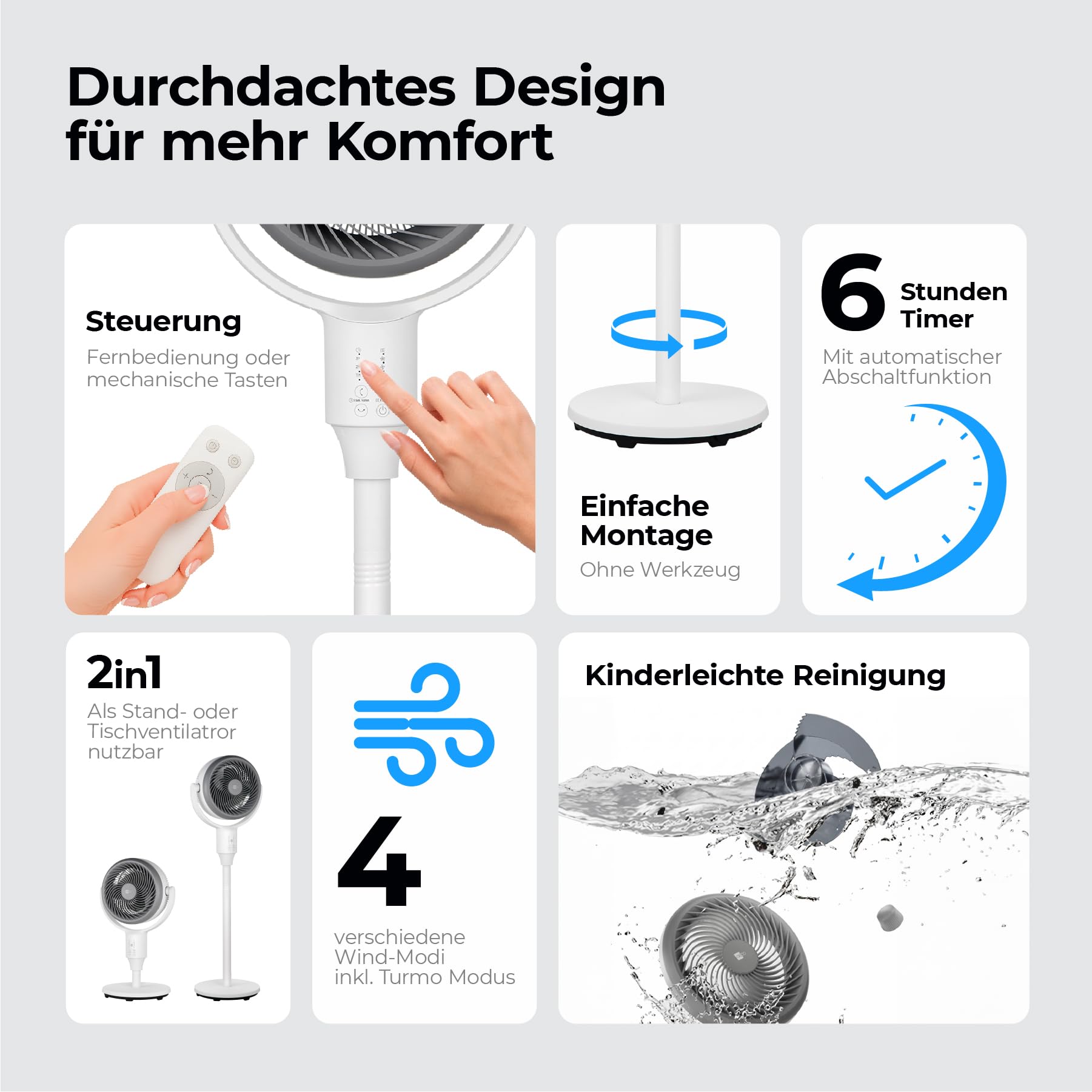 aeco AirX Duo 2in1 Tischventilator & Standventilator mit Fernbedienung | 61-118 cm Höhe | 135° + 85° Omni-Oszillierend | 4 Geschwindigkeit & 6H Timer | Leiser Fan für Schlafzimmer Büro Wohnzimmer