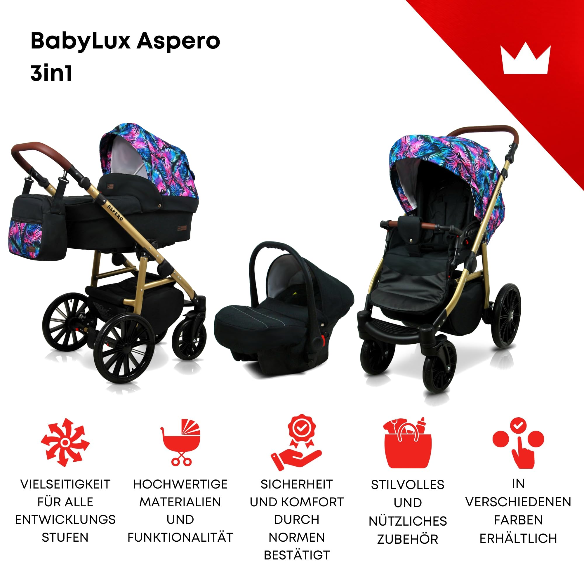 BabyLux Poussette Combinée Set 3 en 1 Aspero Nacelle Canne Siège Auto Pliable