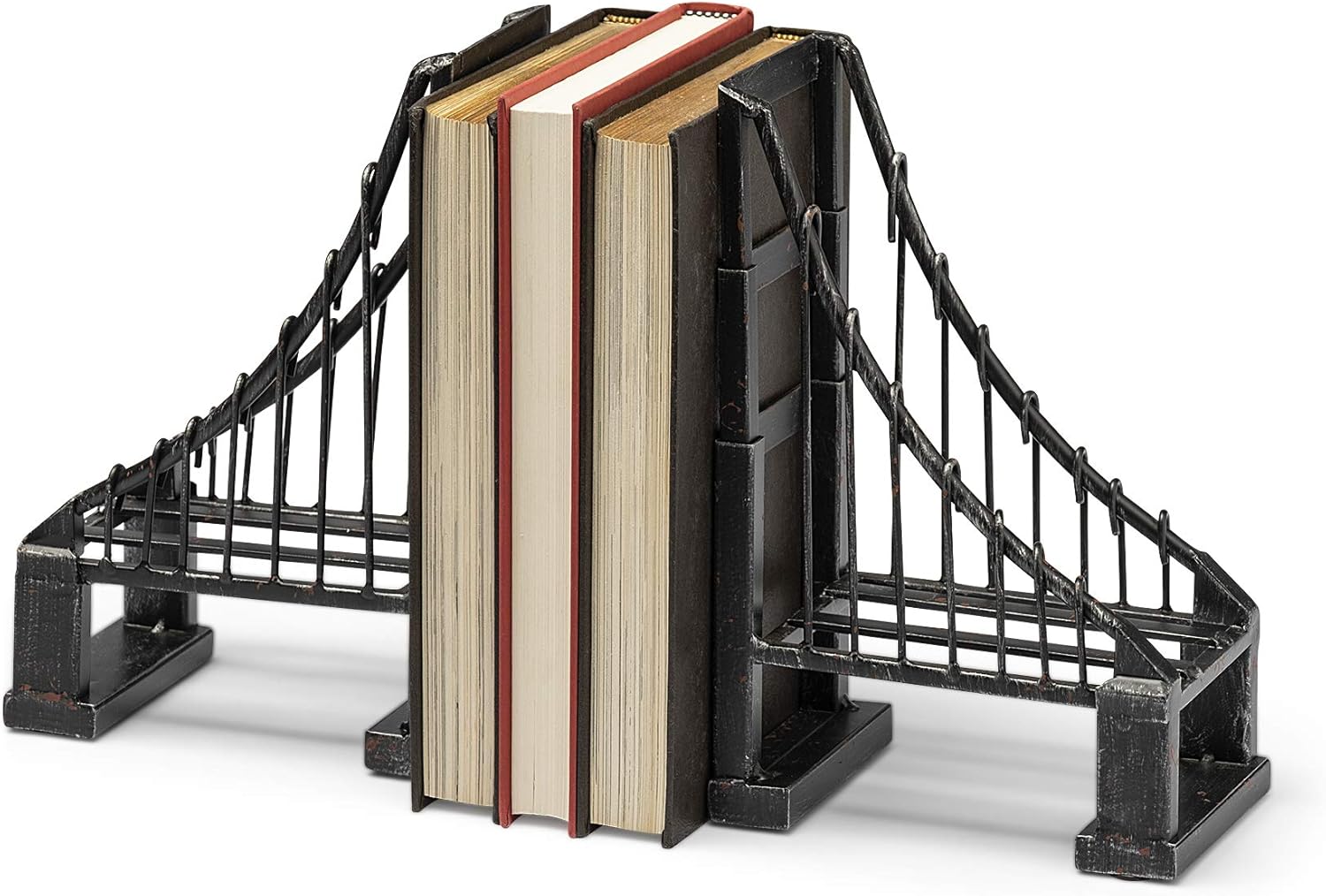 Mercana Metal Bridge Suspension Decorative Bookends, Set of 2, 10" x 19" x 4", Distressed Brown