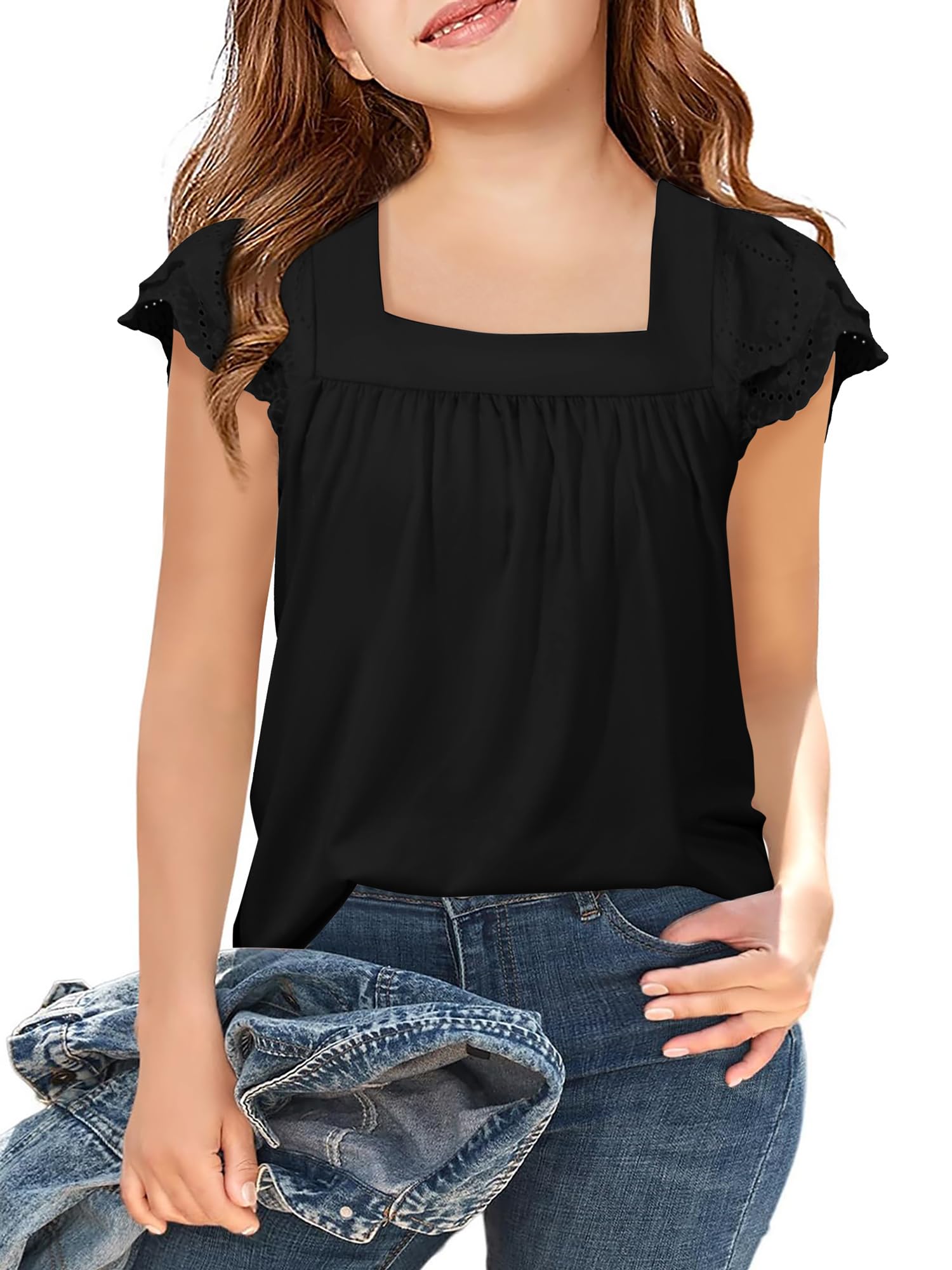 Arshiner Girls Shirts Short Sleeve Square Neck Summer Lace Openwork Tops