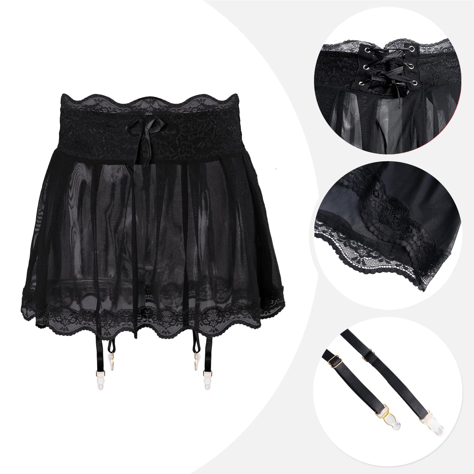 Minigonna da uomo Sissy Lingerie con 4 reggicalze in vita regolabile, pizzo puro tulle crossdressing intimo