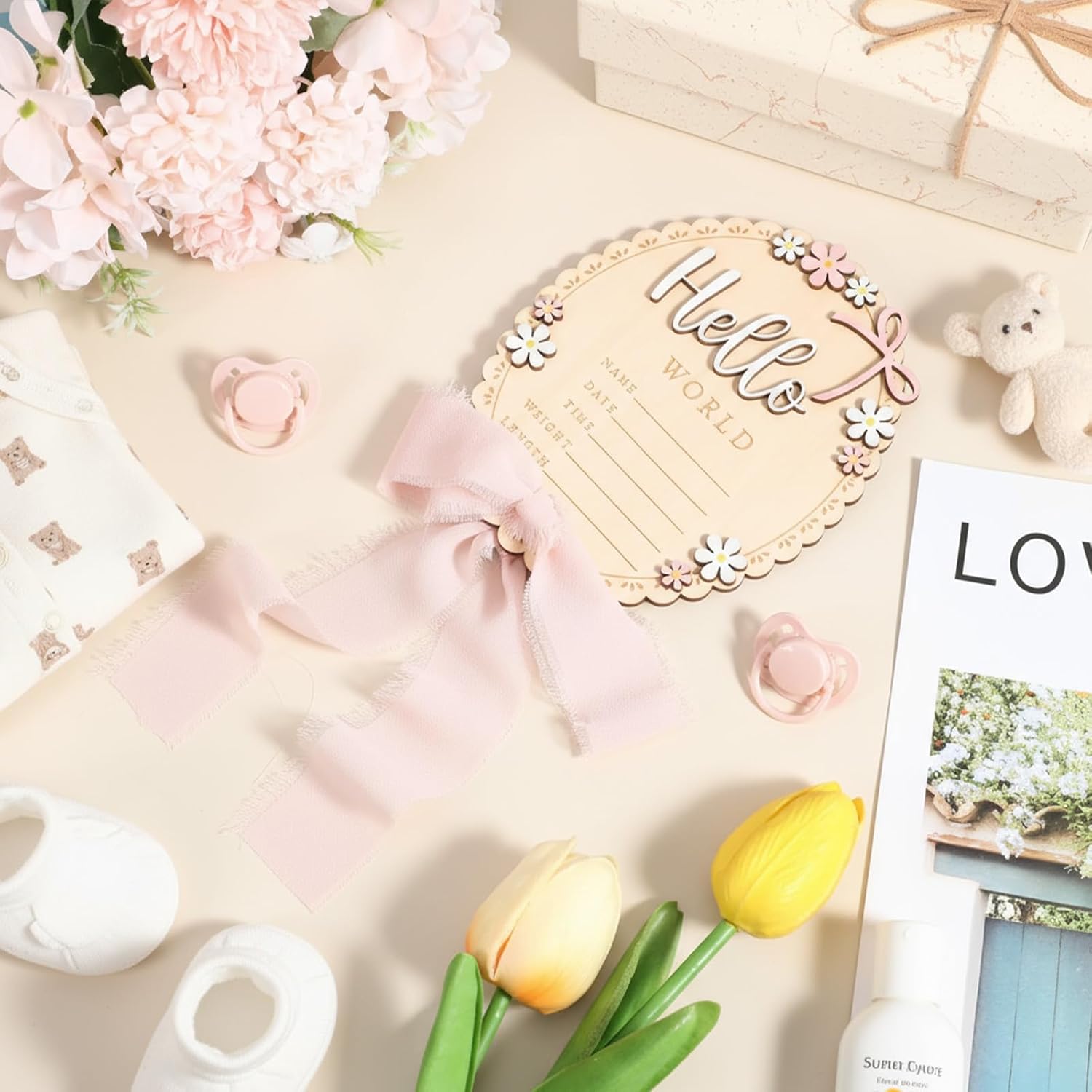 Tucnoeu Baby Announcement Sign, Wooden Hello World Newborn Welcome Sign, Bow Birth Stats Signs Newborn Photo Prop, Monthly Milestone Wood Discs(Ribbon)