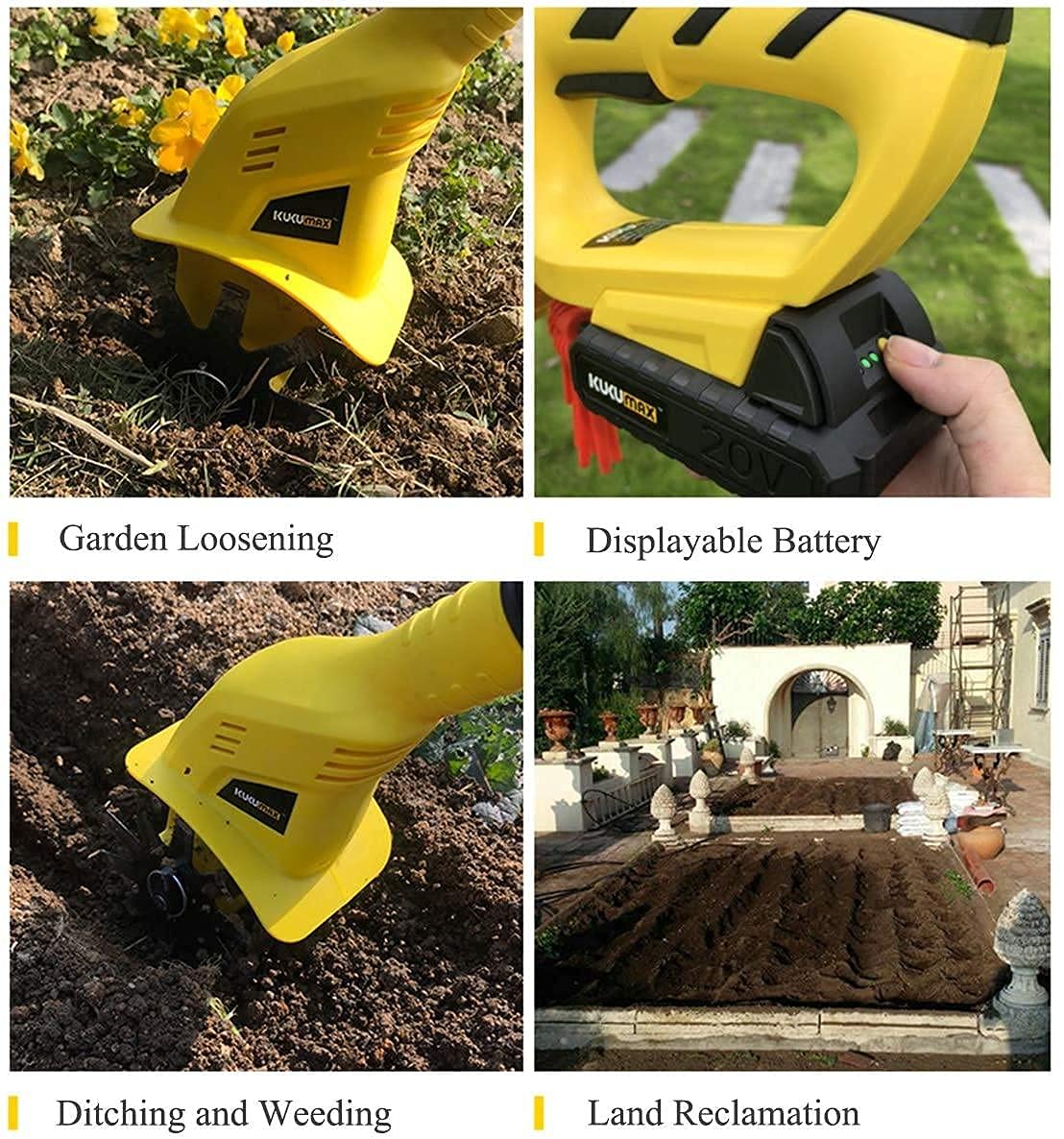 Motobineuse de Jardin, cultivateur sans Fil, rotavateur, avec Batterie Rechargeable et Chargeur – Largeur de Travail 10 cm, Profondeur de labourage 16 cm, cultivateur idéal pour am