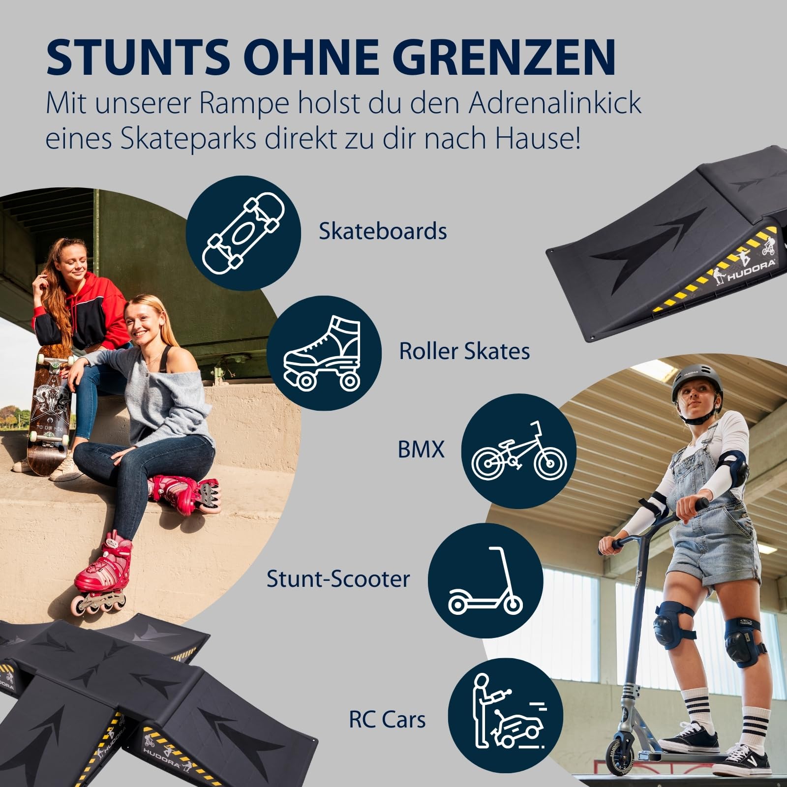 HUDORA Skaterrampe I 3-/5-teiliges Skateboard Rampenset für Hof & Garten I vielseitige Mini Skateboardrampe aus Kunststoff für Kinder & Jugendliche bis 60/80kg I Skatepark Equipment für Zuhause