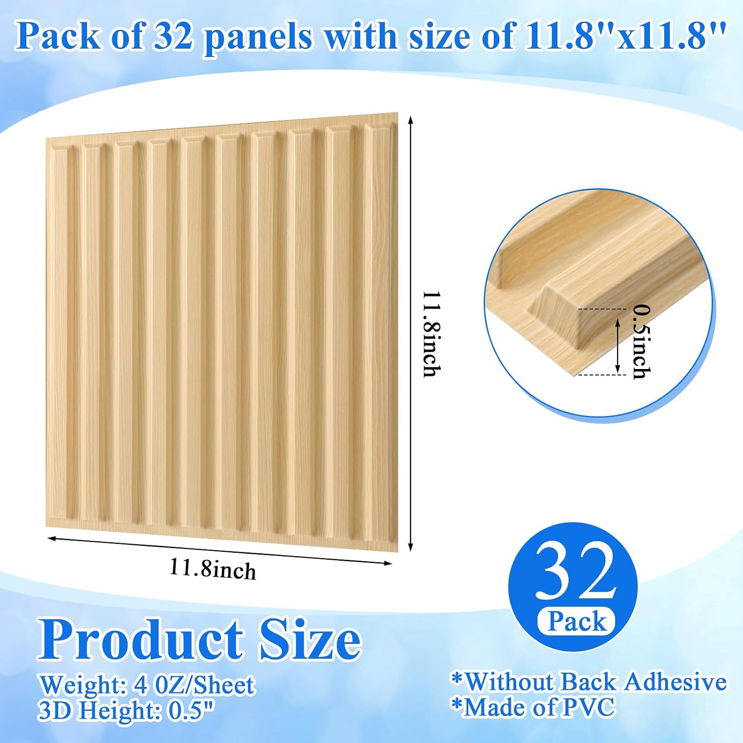Nuanchu 32 Pcs 3D Wall Panels for Interior Wall Decor, 12''x12'' Fluted Textured Oak Accent Tiles Waterproof Paintable for Living Room TV Background Bedroom Bathroom Gaming Room, 32 Sq. ft Coverage